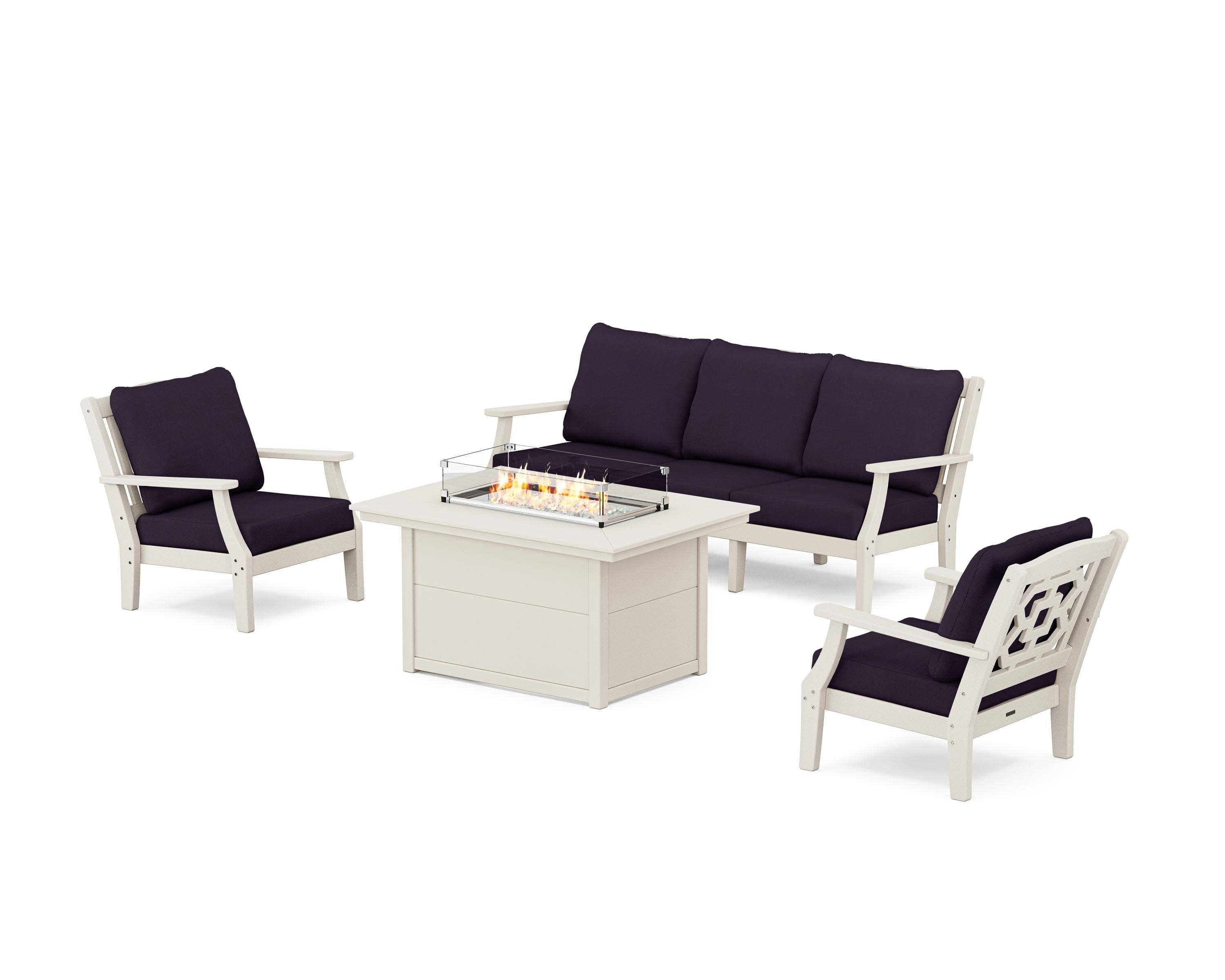 Chinoiserie Deep Seating Fire Pit Table Set in Sand / Navy Linen