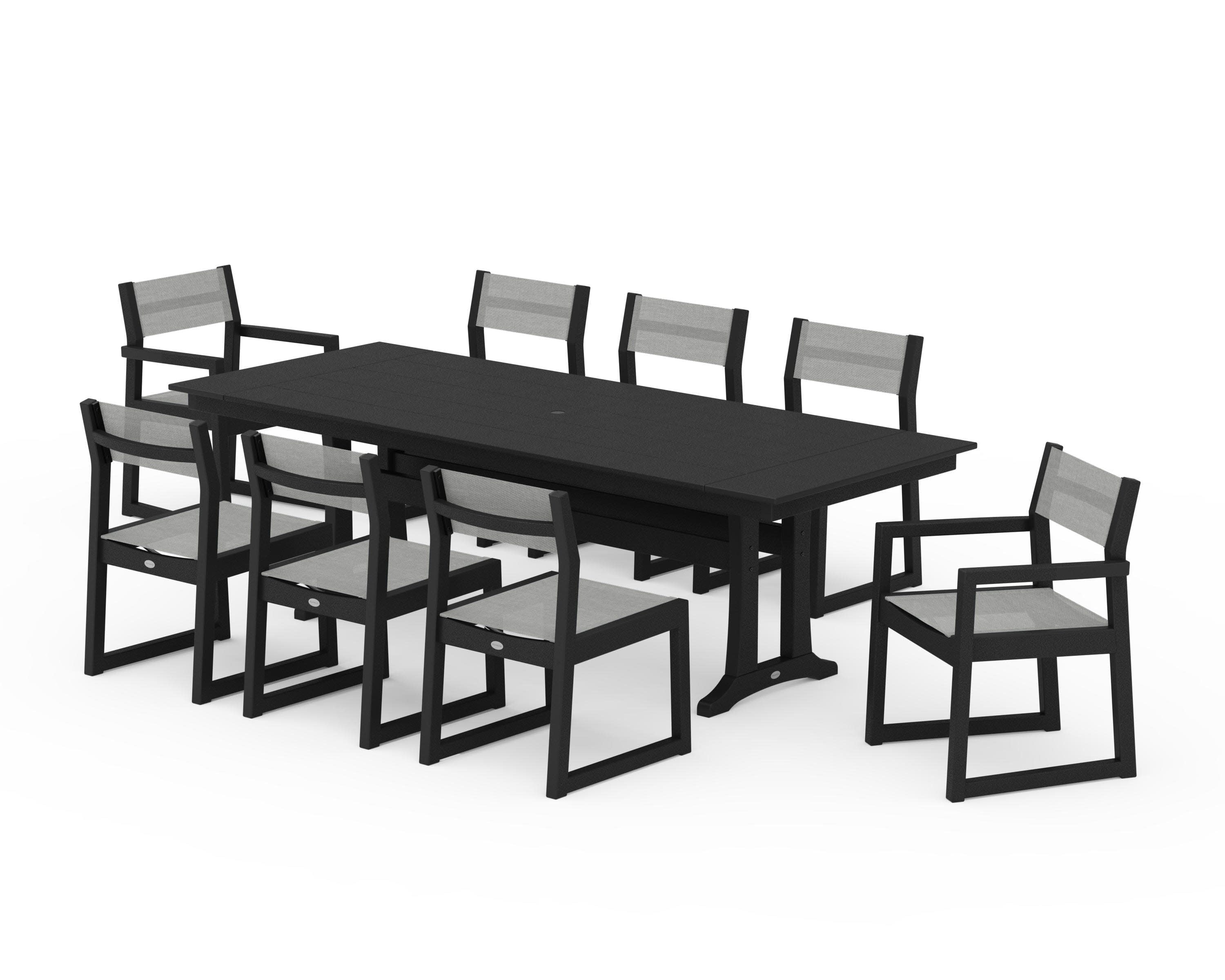 EDGE Sling 9-Piece Farmhouse Trestle Dining Set in Black / Metallic Sling