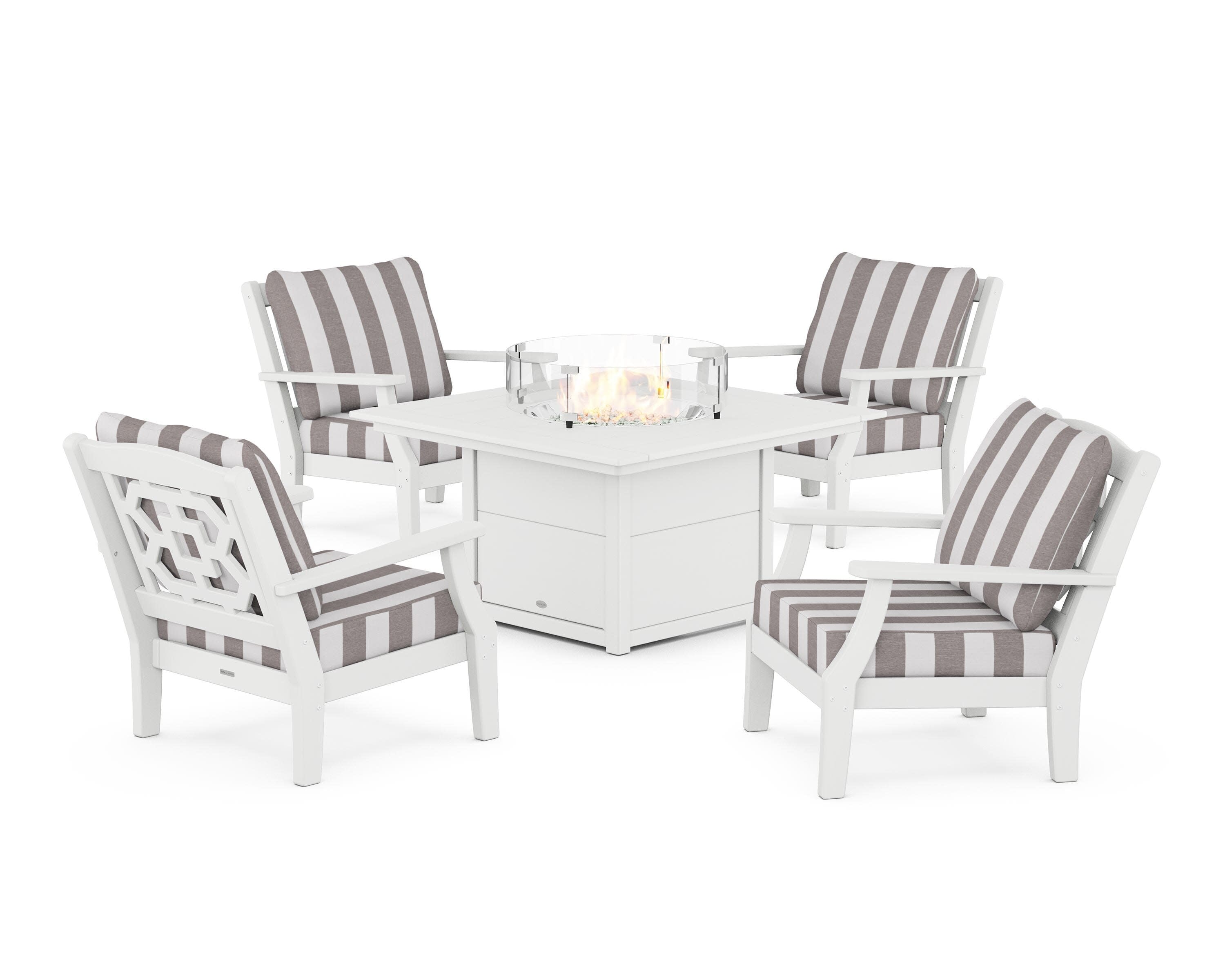 Chinoiserie 5-Piece Deep Seating Set with Fire Pit Table in White / Cabana Stripe Grey Mist