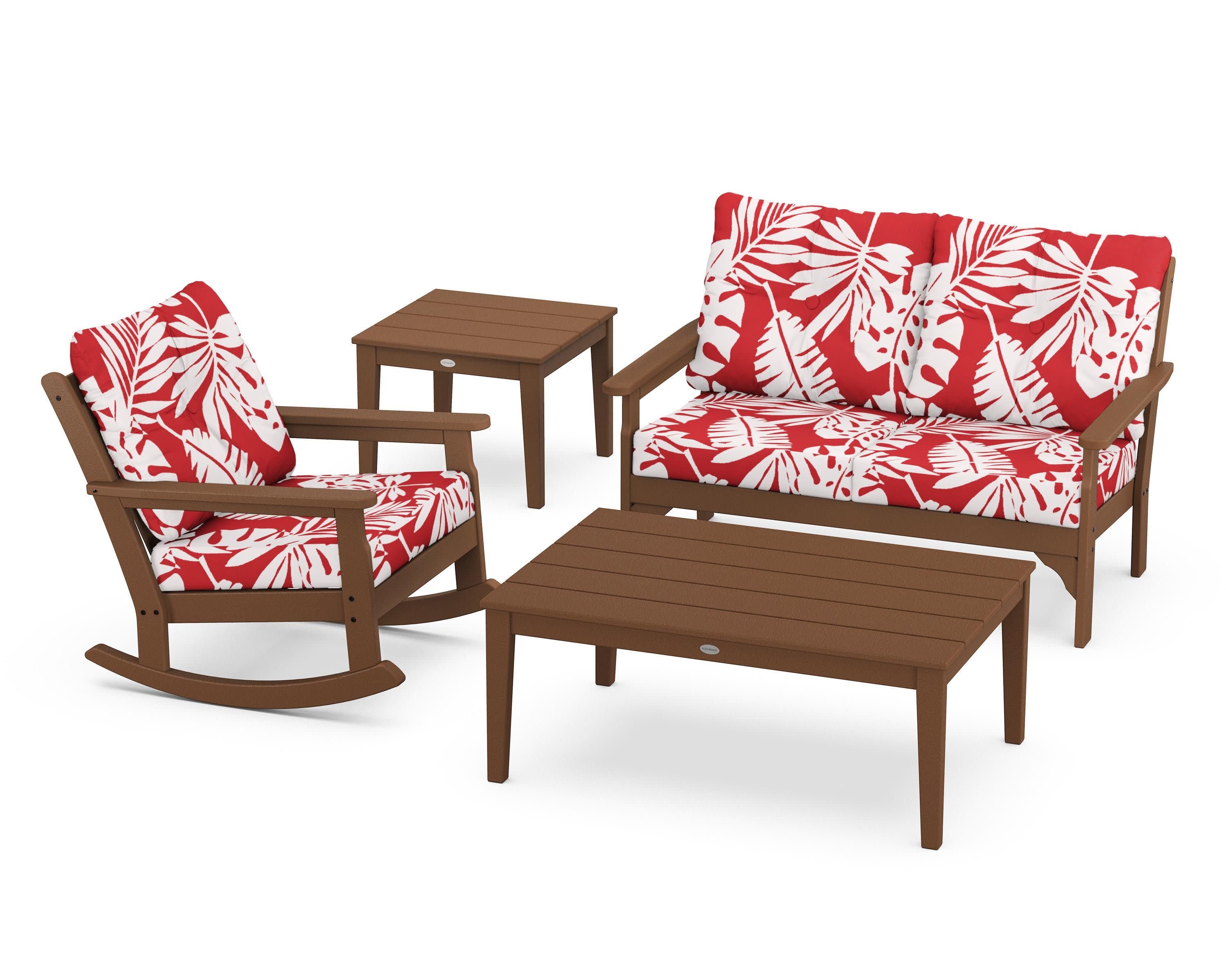 Vineyard 4-Piece Deep Seating Rocker Set in Teak / Leaf Crimson