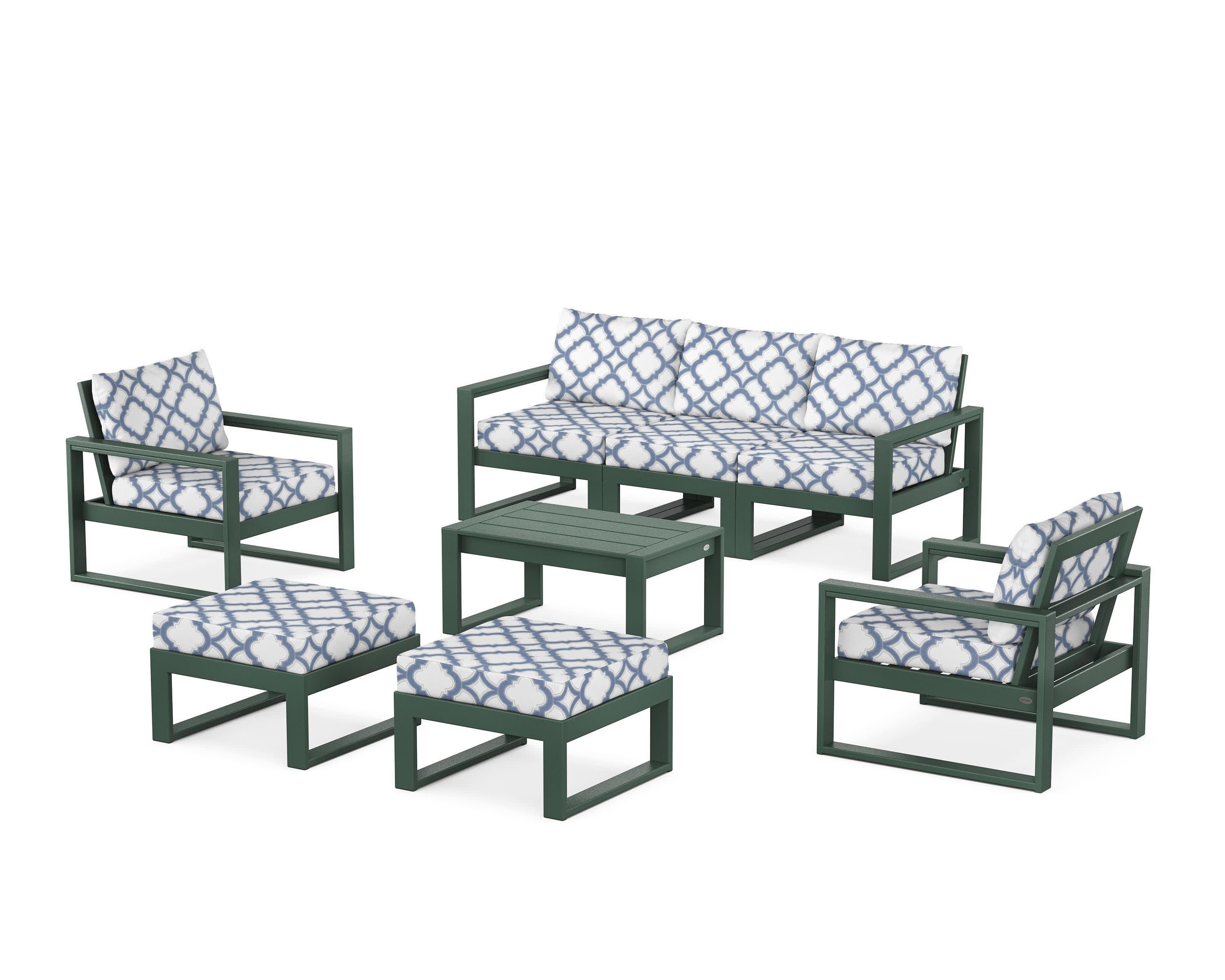 EDGE Sectional 8-Piece Lounge Sofa Set in Green / Trellis Sky Blue