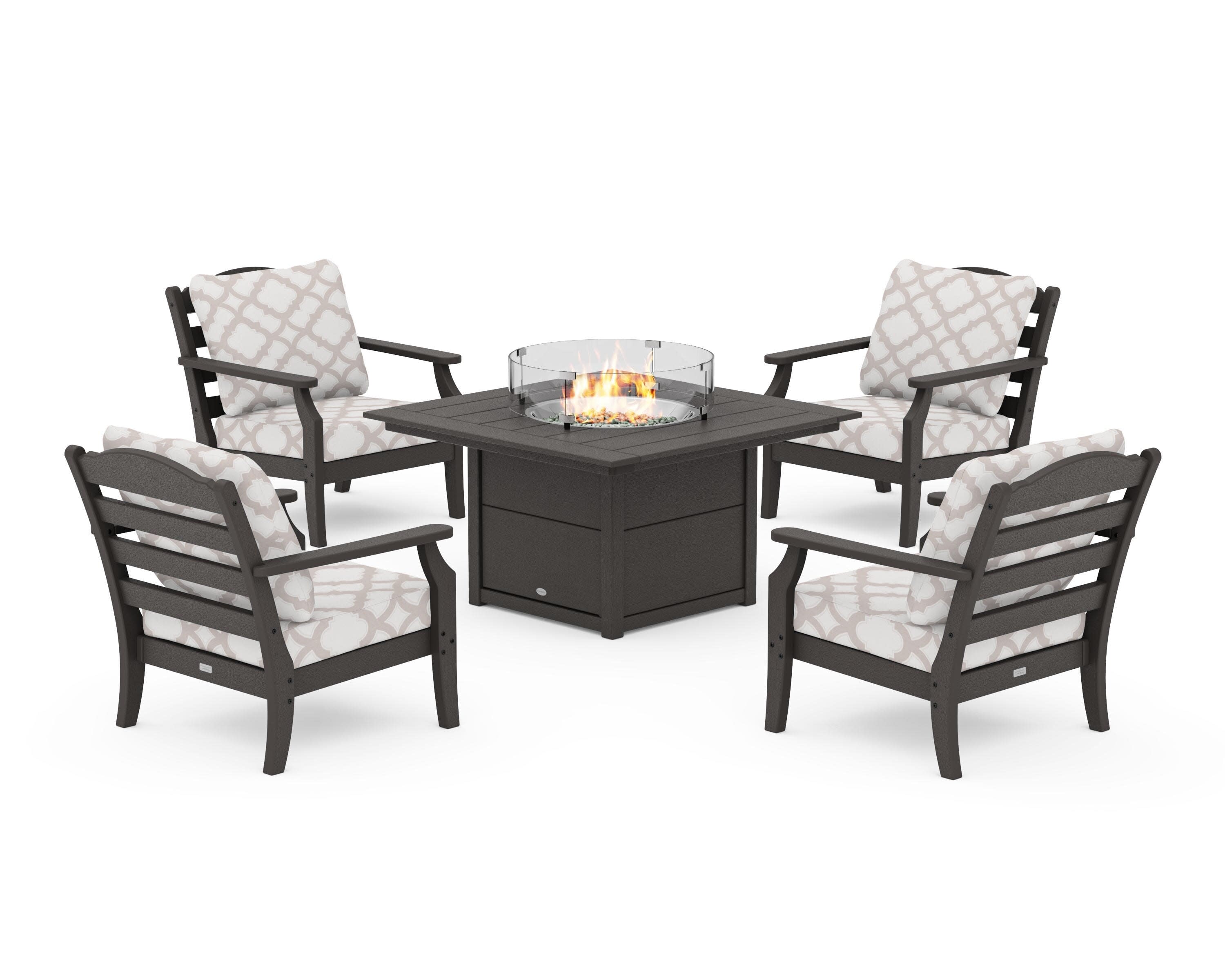 Savannah 5-Piece Deep Seating Set with Fire Pit Table in Vintage Coffee / Trellis Dune Burlap