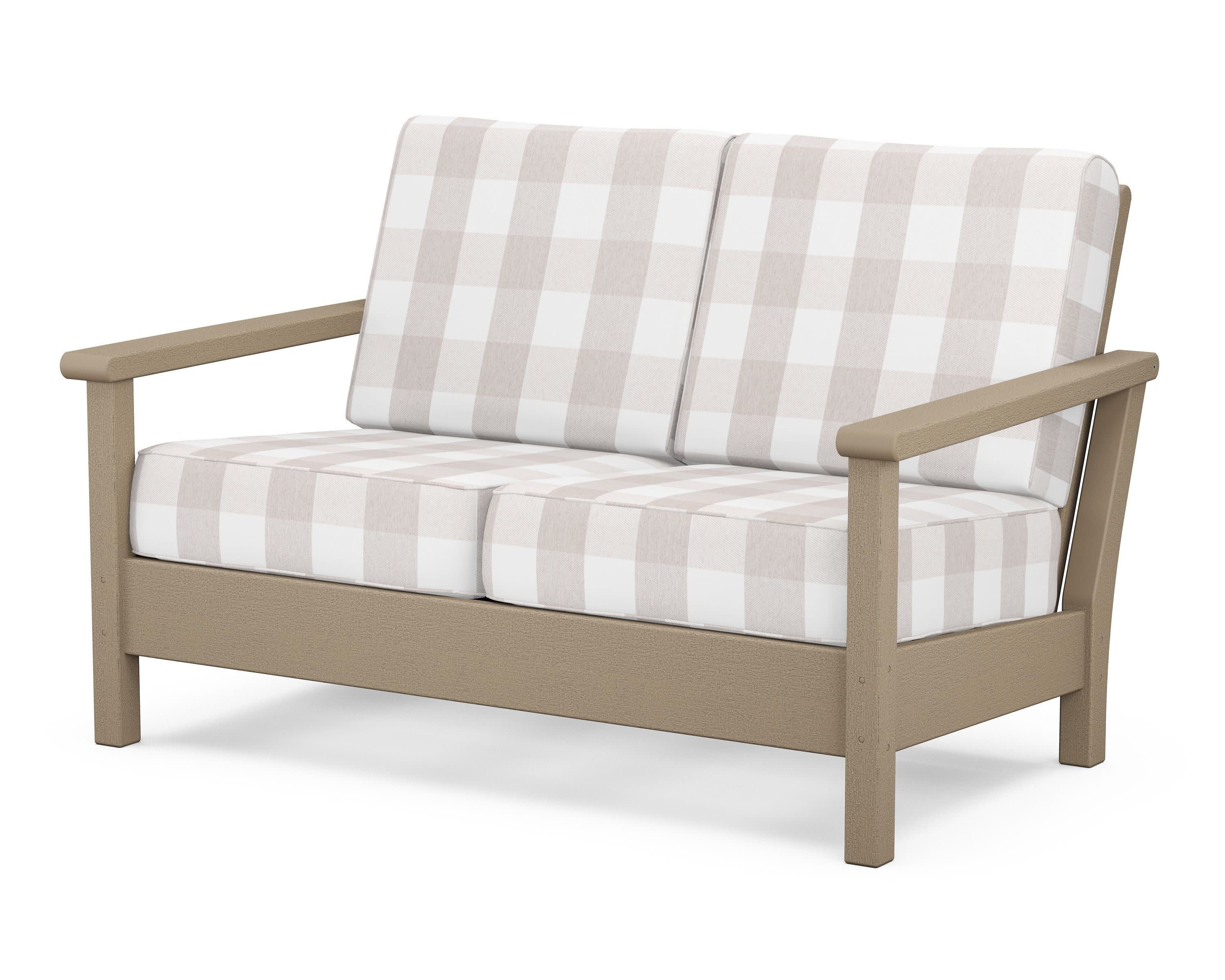 Harbour Deep Seating Loveseat in Vintage Sahara / Buffalo Plaid Dune Burlap