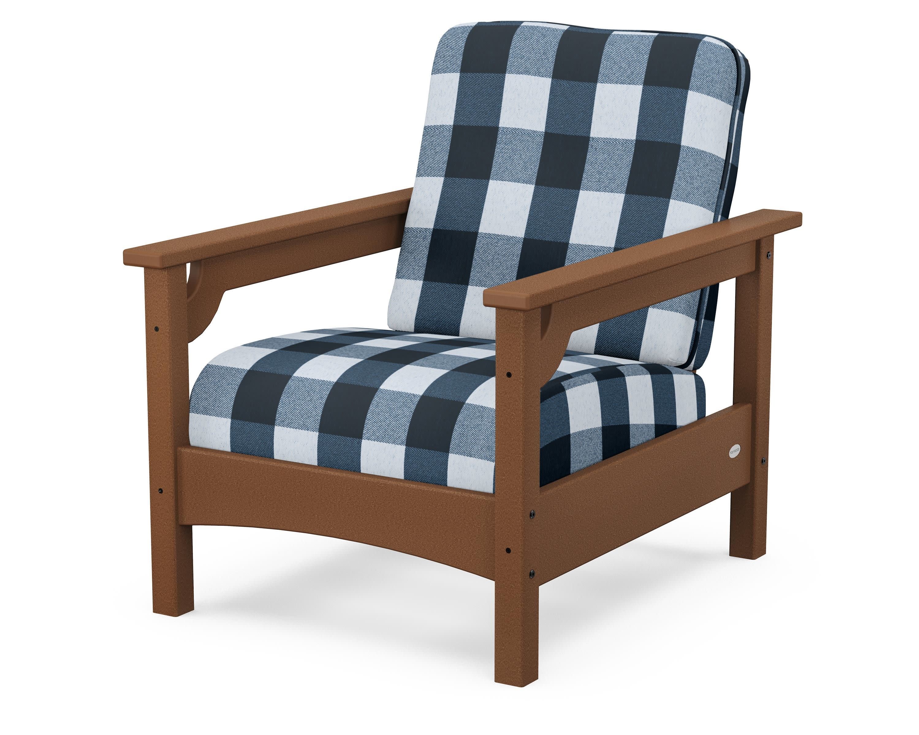Club Chair in Teak / Buffalo Plaid Marine Indigo