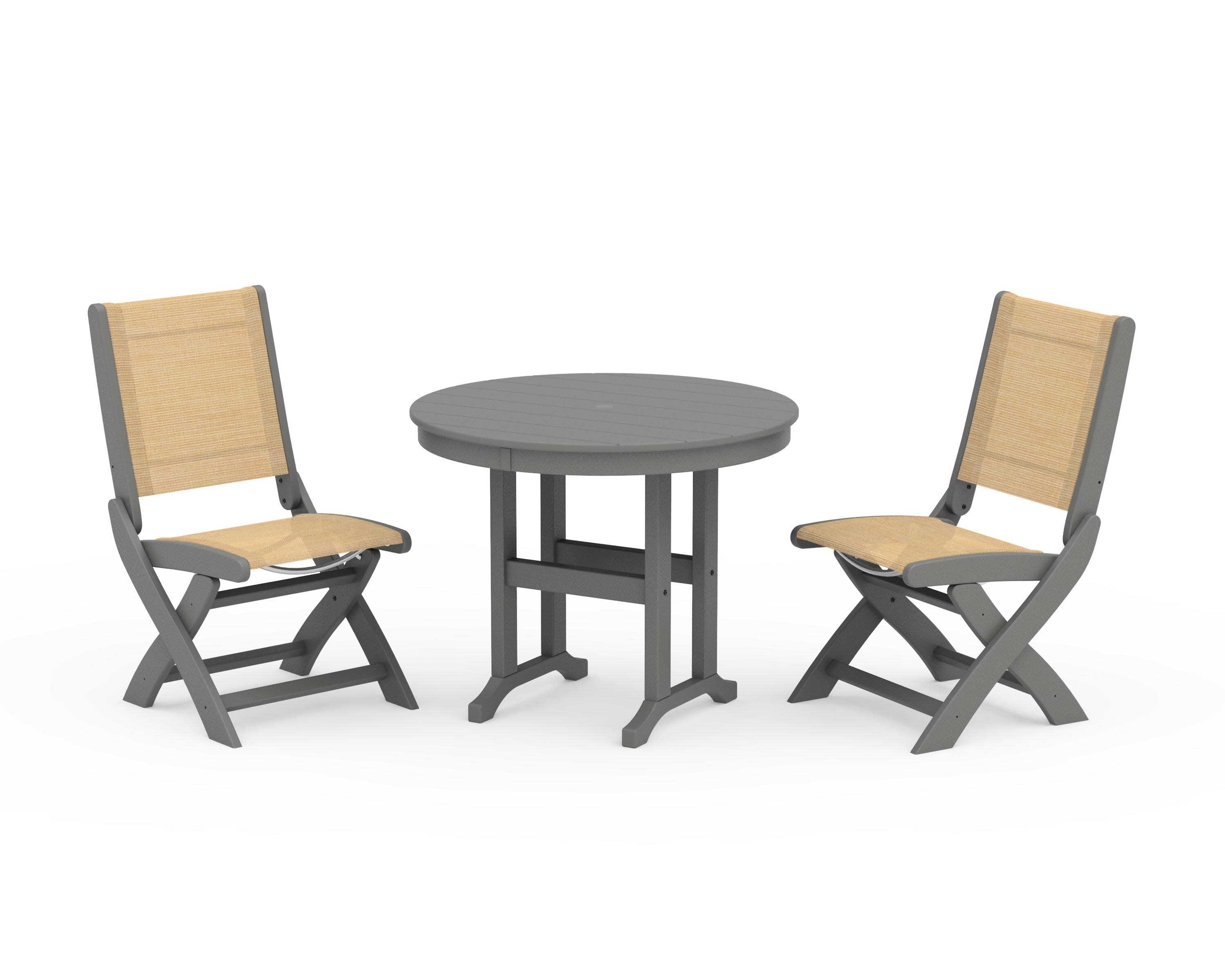 Coastal Folding Side Chair 3-Piece Round Dining Set in Slate Grey / Dupioni Apricot Sling