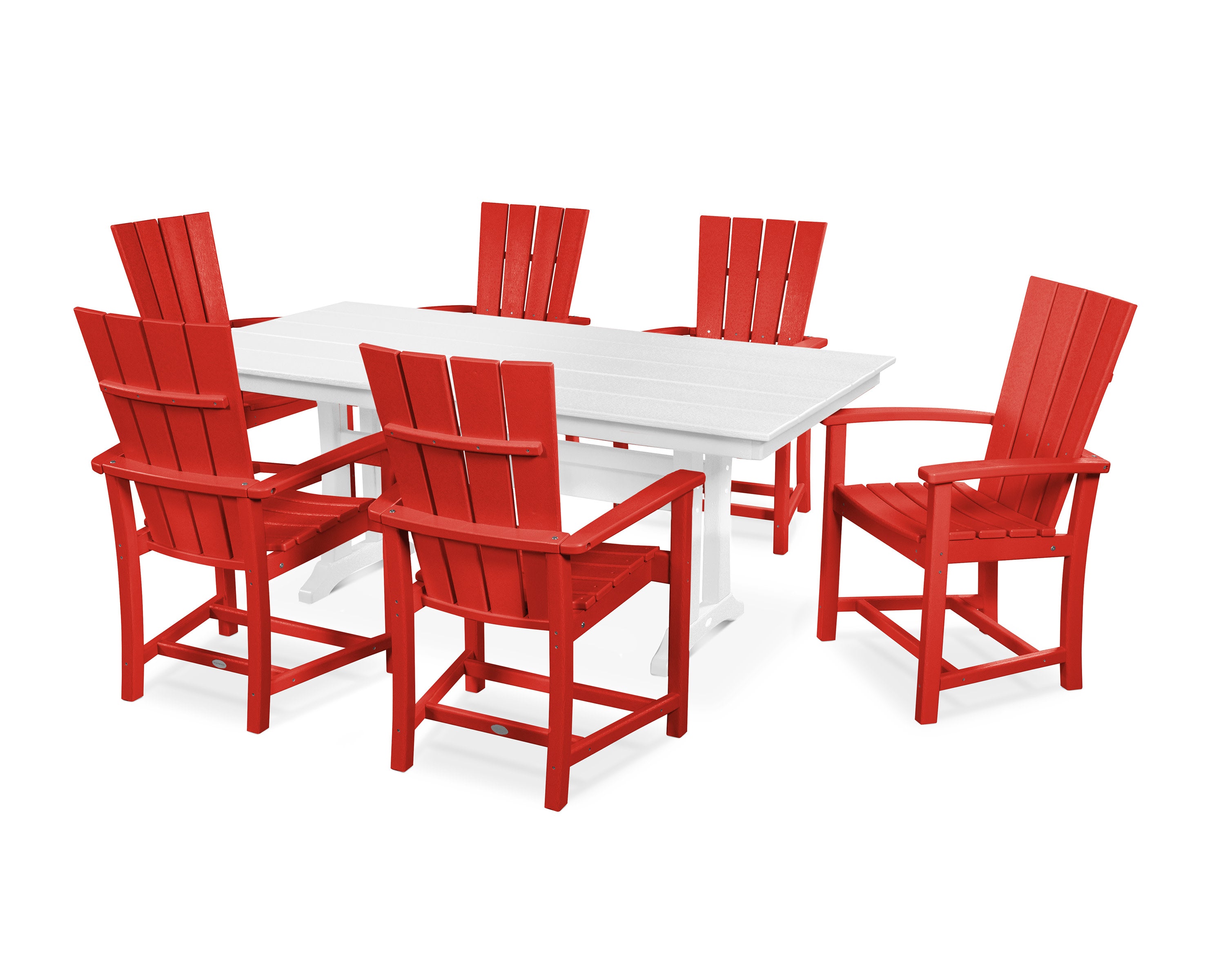 Quattro 7-Piece Farmhouse Dining Set with Trestle Legs in Sunset Red / White
