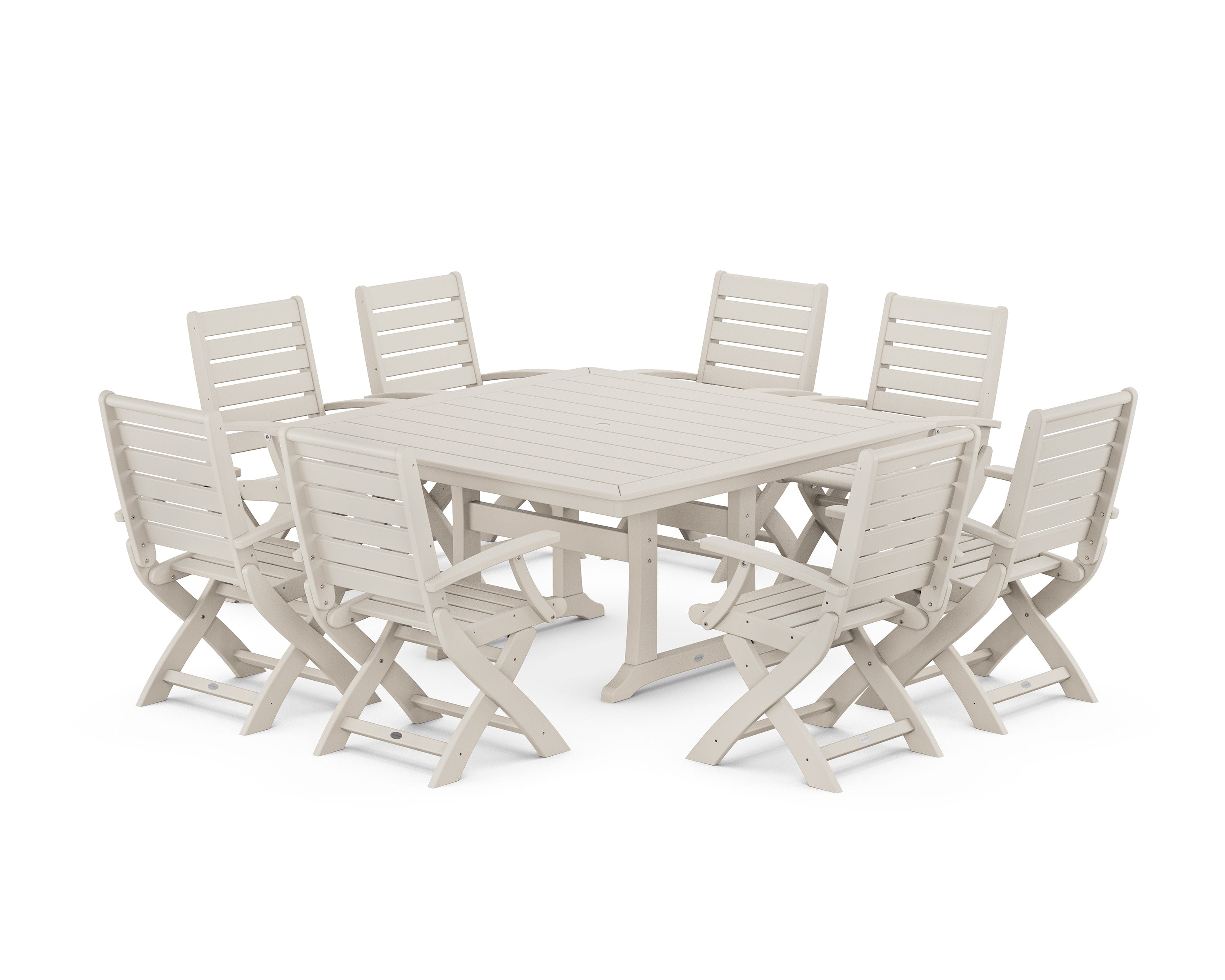 Signature Folding Chair 9-Piece Square Dining Set with Trestle Legs in Sand