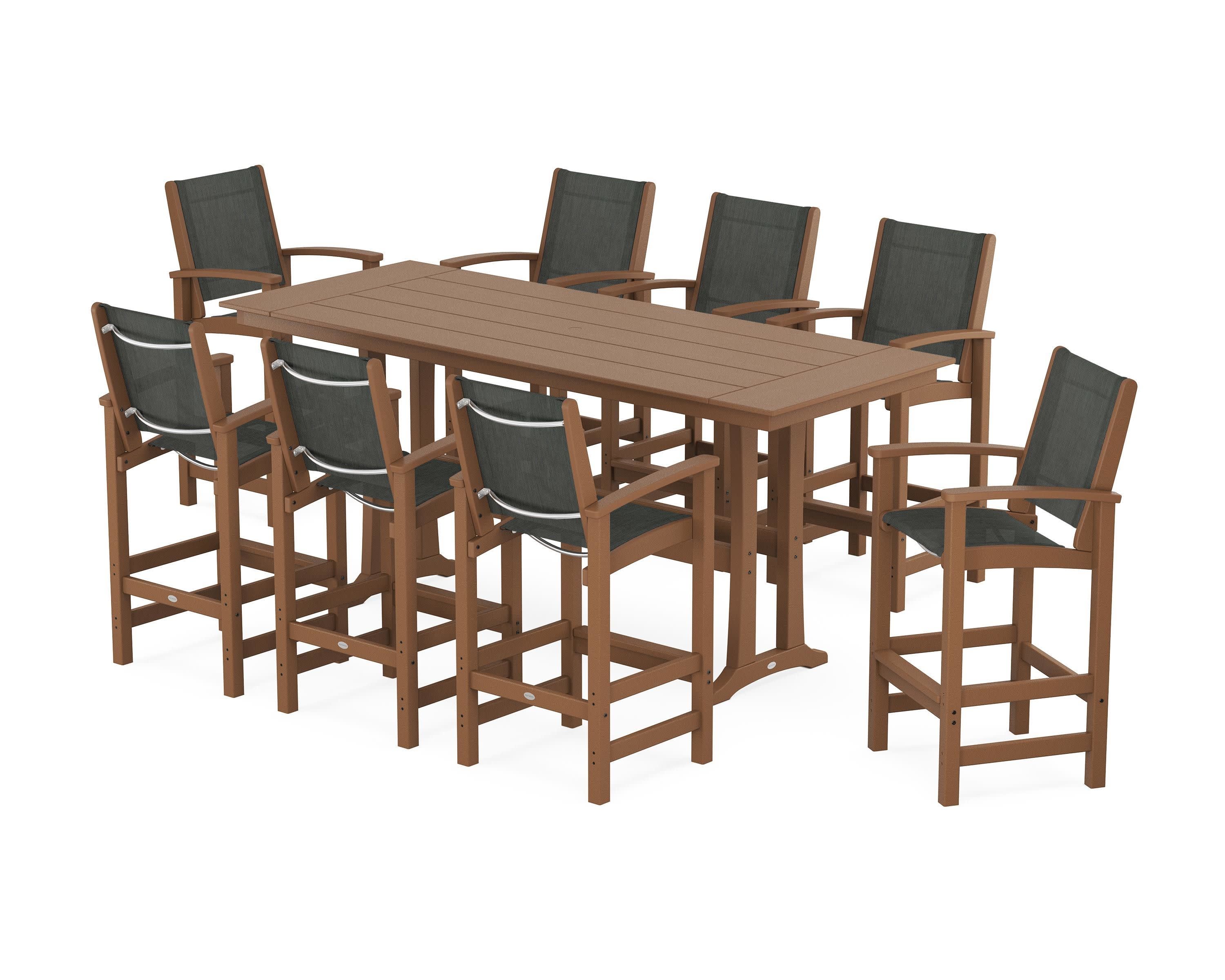 Coastal 9-Piece Farmhouse Bar Set with Trestle Legs in Teak / Ember Sling