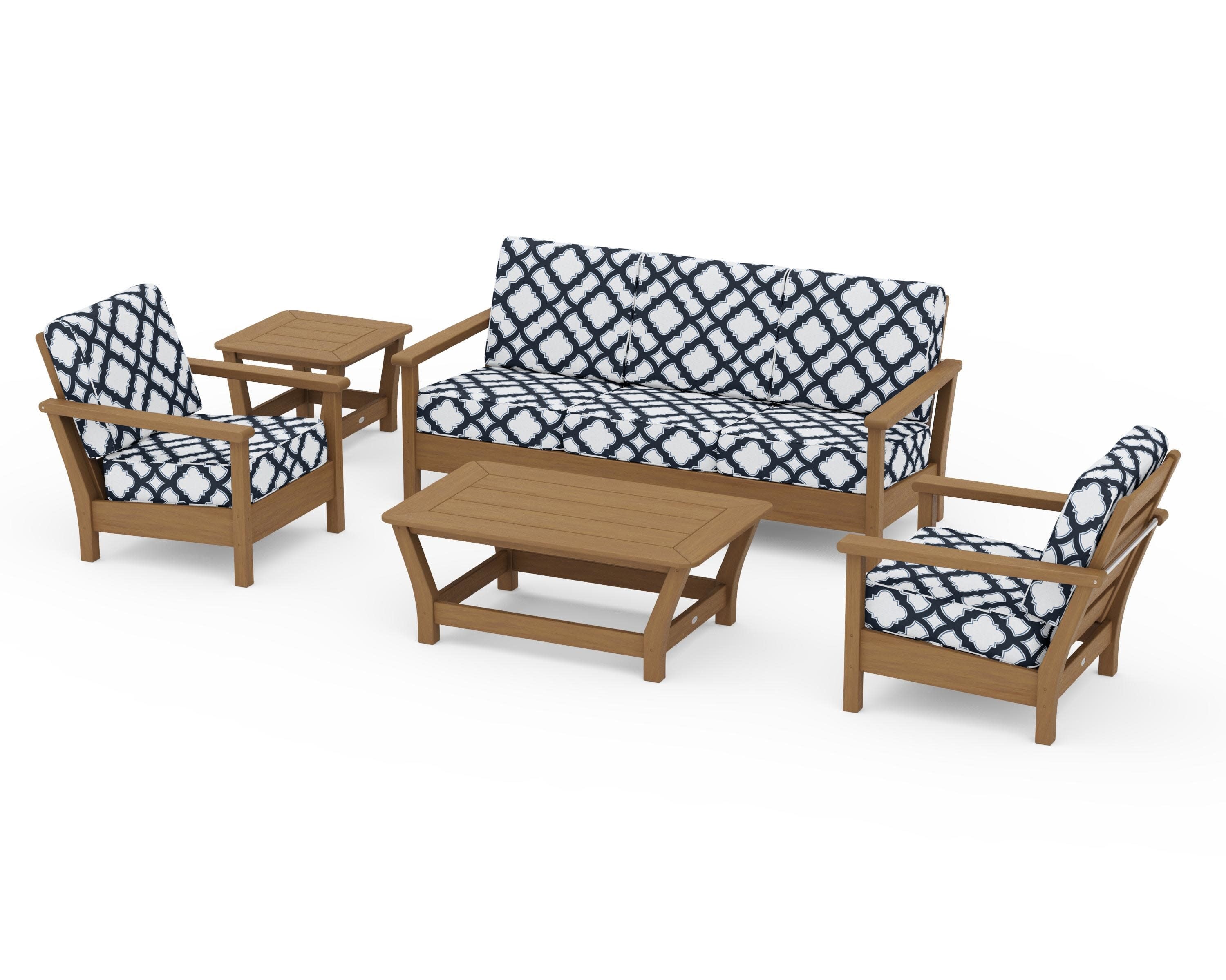 Harbour 5-Piece Deep Seating Set in Natural / Trellis Marine Indigo