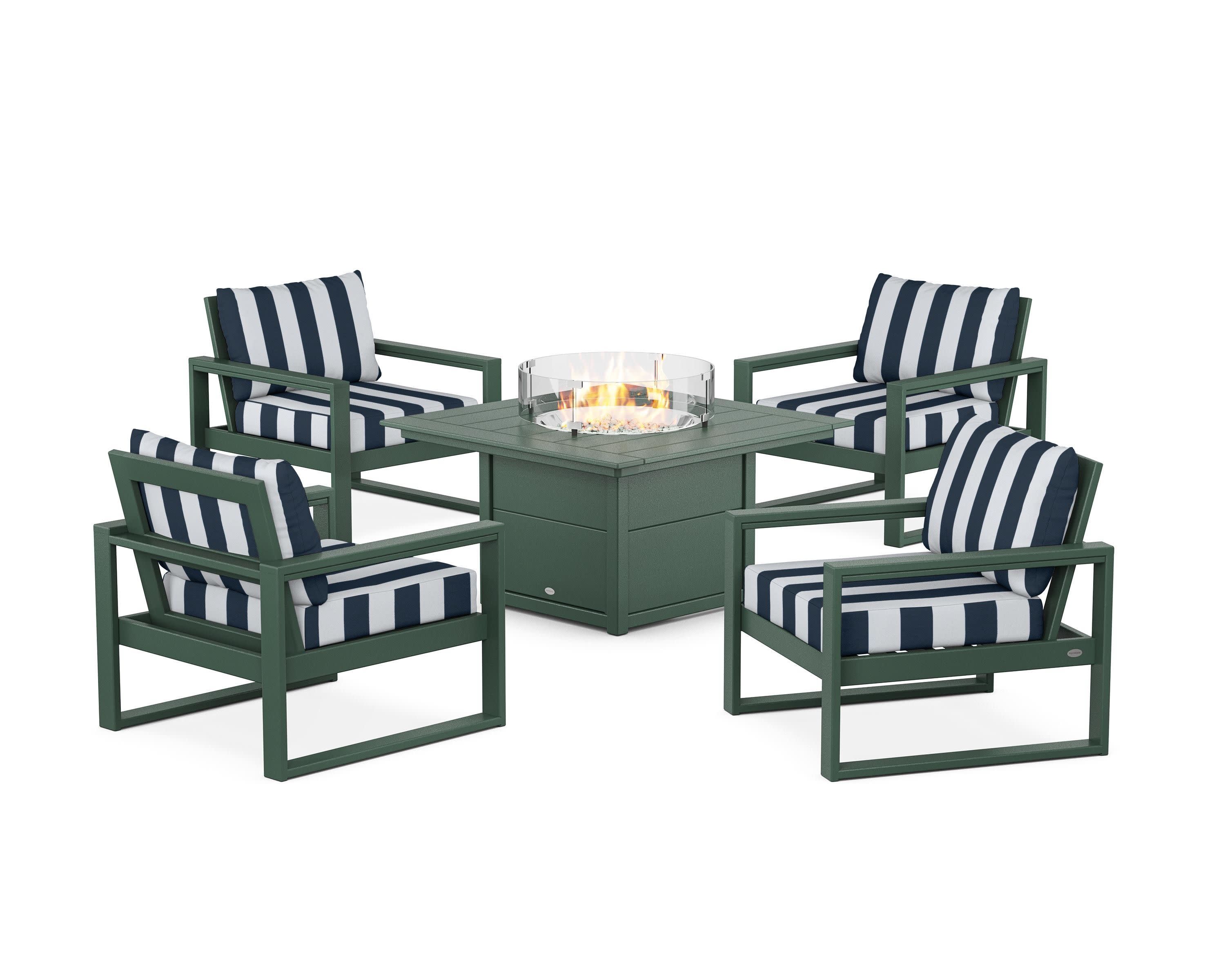 EDGE Sectional 5-Piece Deep Seating Set with Fire Pit Table in Green / Cabana Stripe Marine Indigo