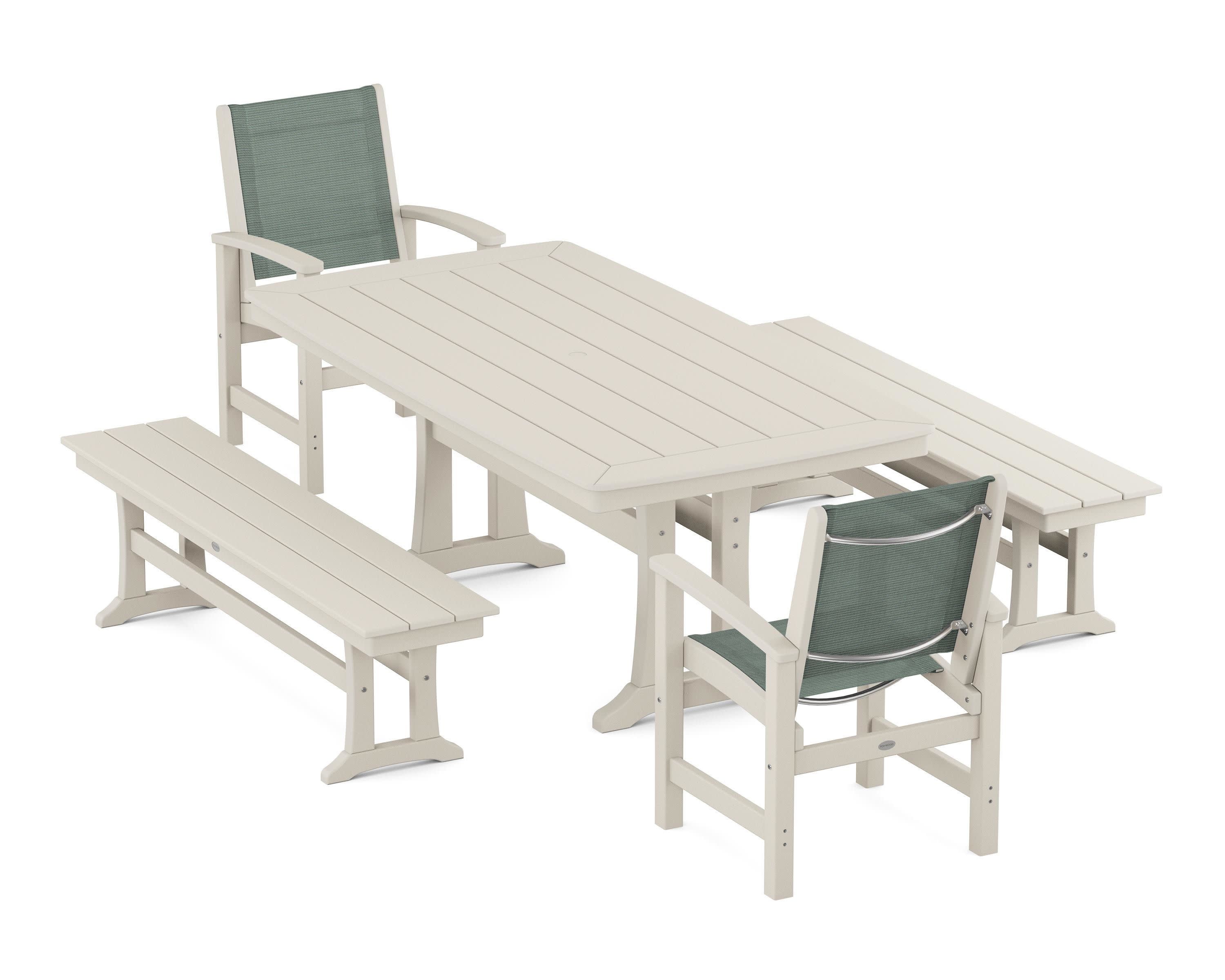 Coastal 5-Piece Dining Set with Trestle Legs and Benches in Sand / Dupioni Sea Mist Sling