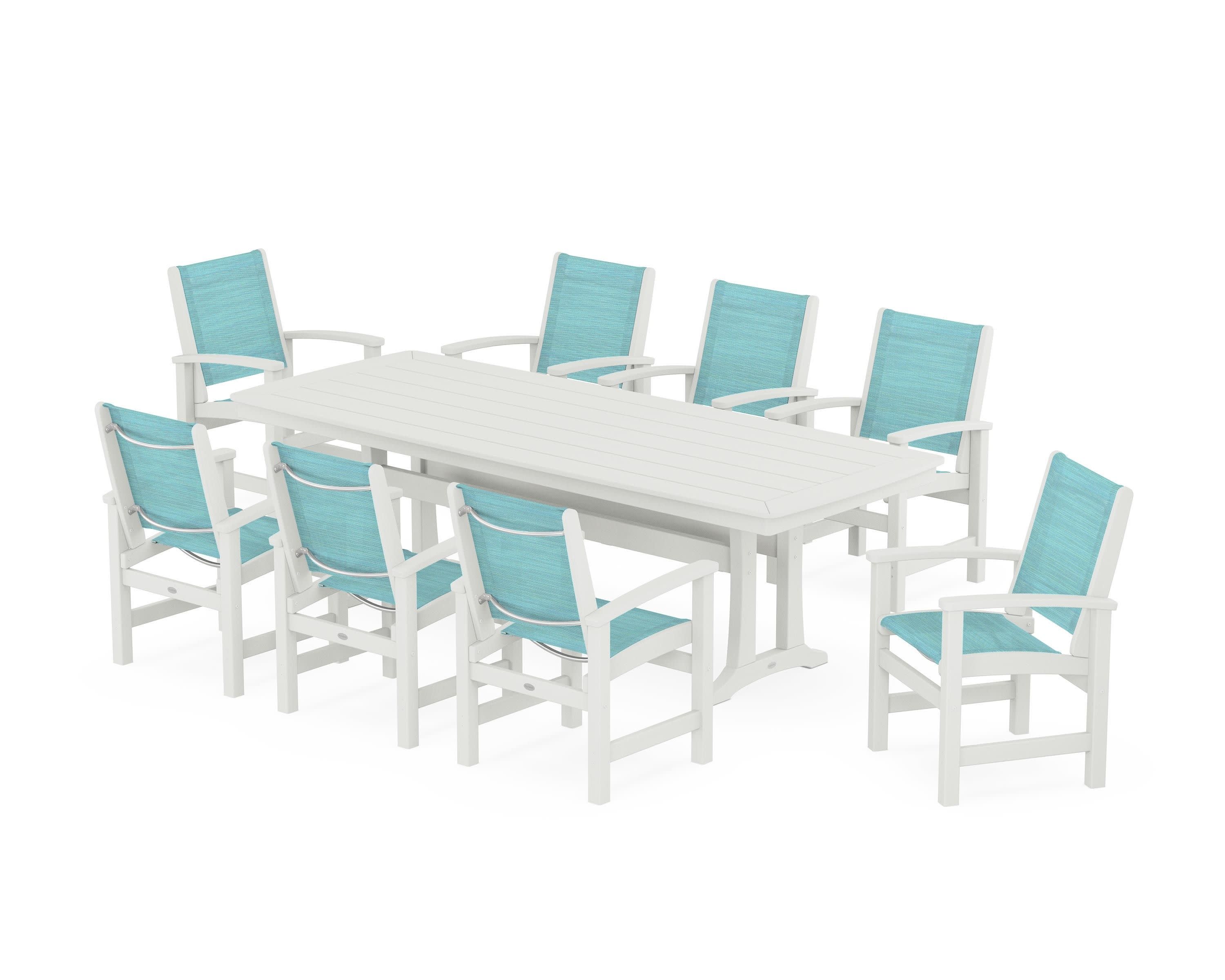 Coastal 9-Piece Dining Set with Trestle Legs in Vintage White / Dupioni Aquamarine Sling