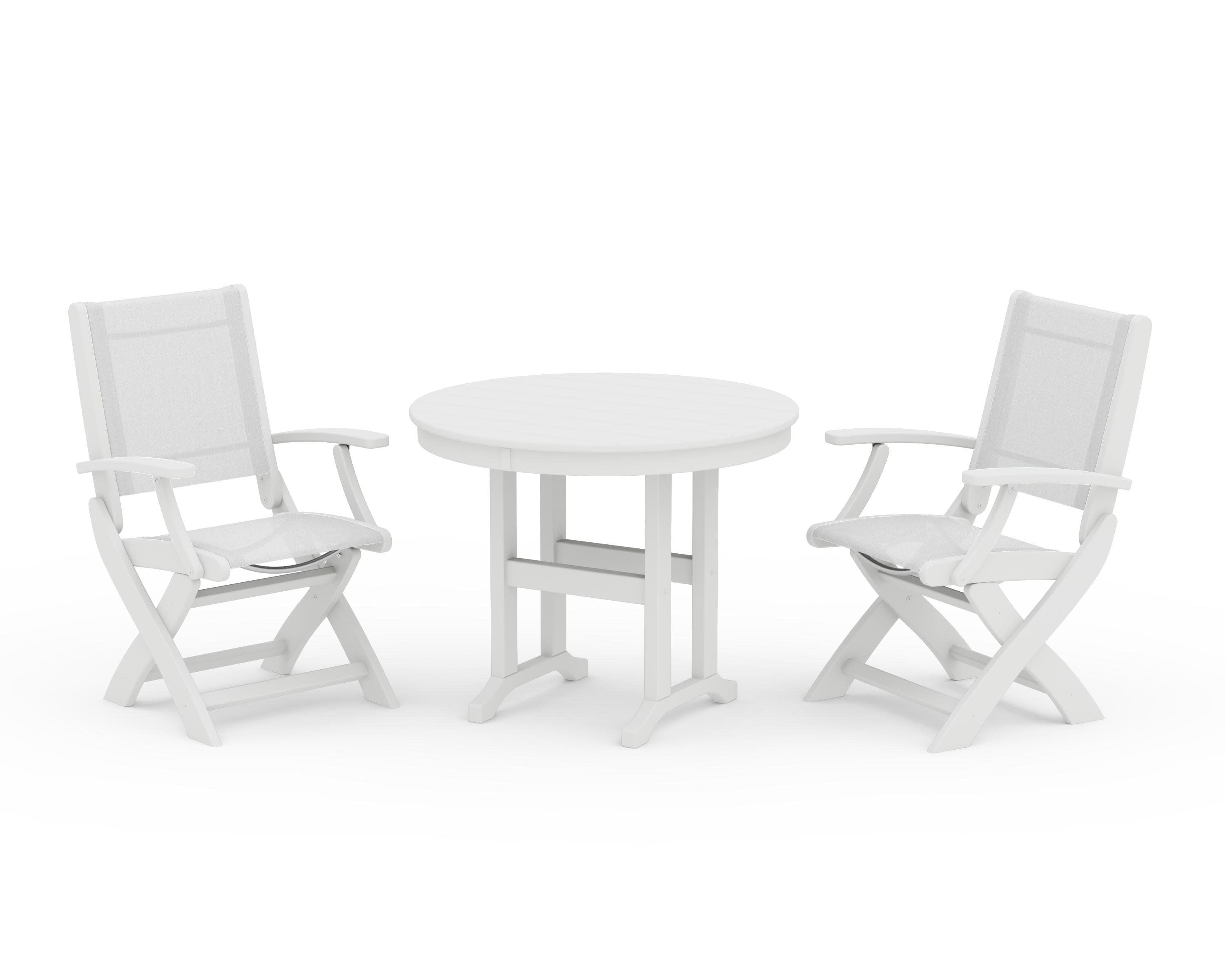 Coastal Folding Chair 3-Piece Round Dining Set in White / White Sling