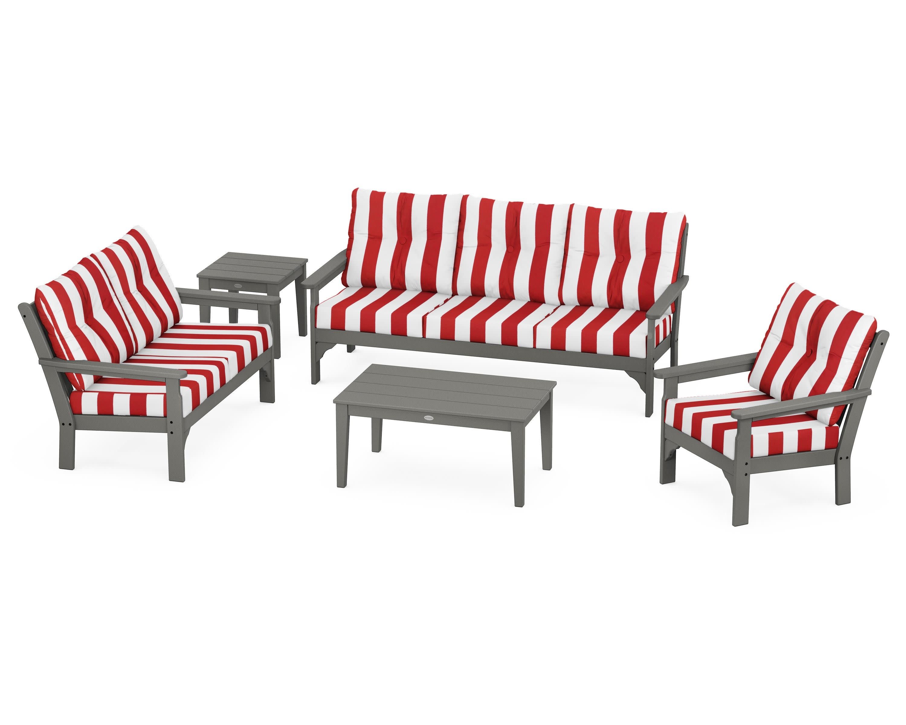 Vineyard 5 Piece Deep Seating Set in Slate Grey / Cabana Stripe Crimson
