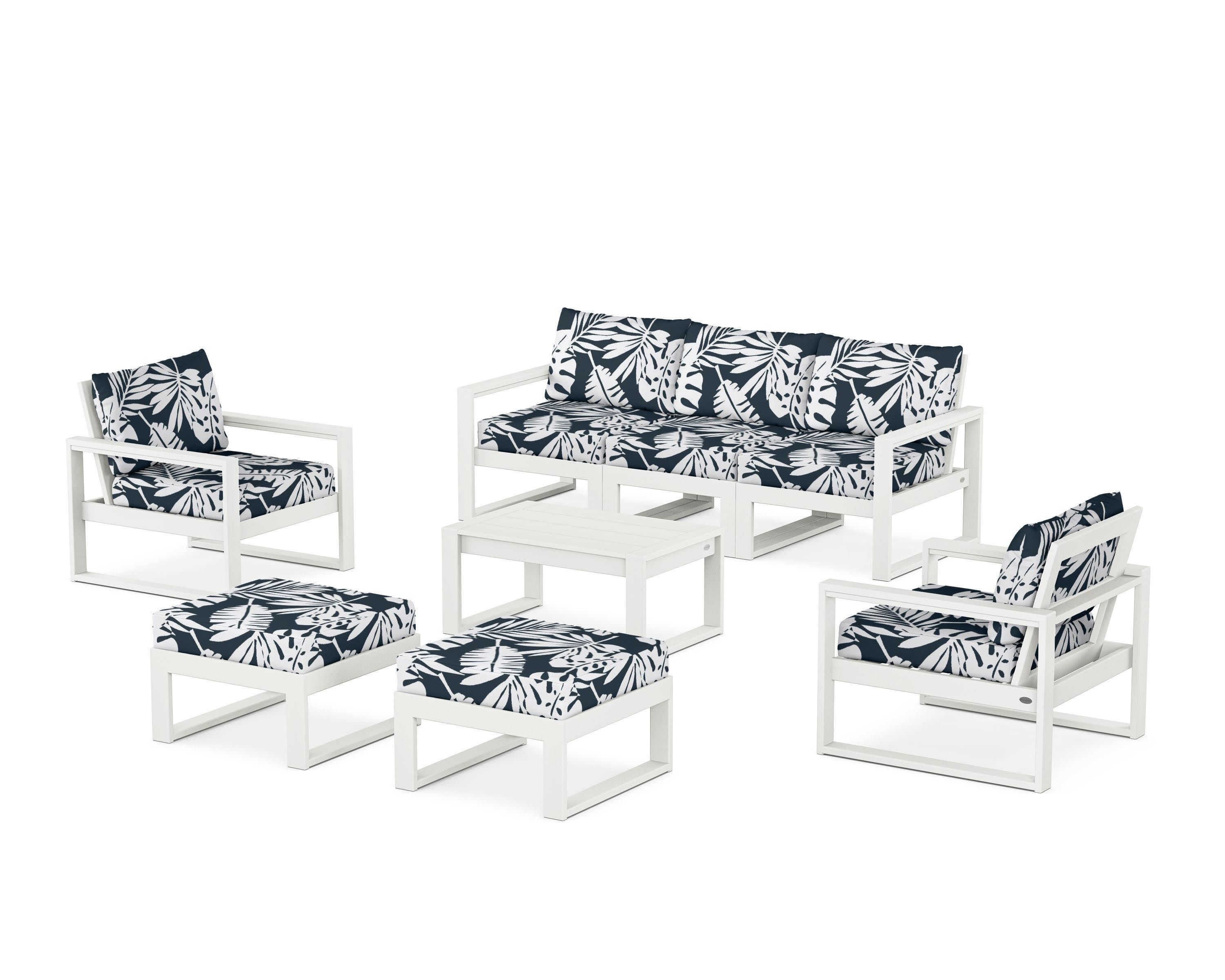 EDGE Sectional 8-Piece Lounge Sofa Set in Vintage White / Leaf Marine Indigo
