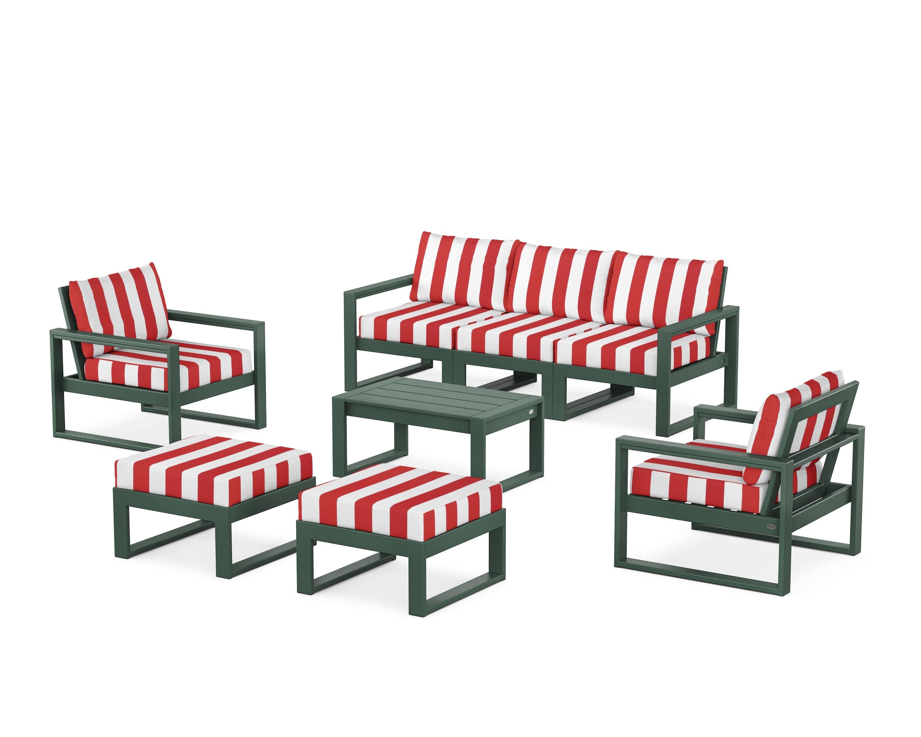 EDGE Sectional 8-Piece Lounge Sofa Set in Green / Cabana Stripe Crimson