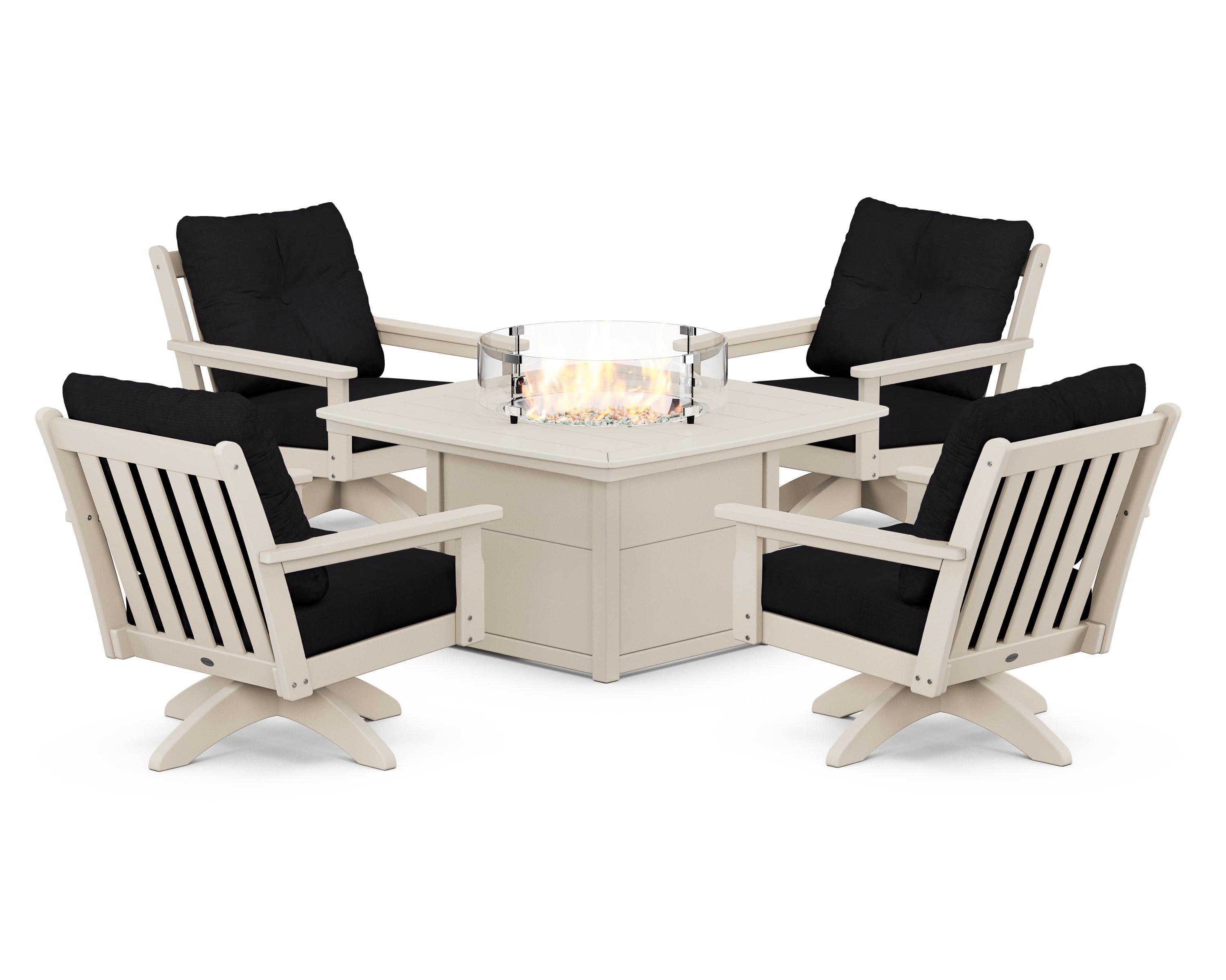Vineyard 5-Piece Deep Seating Swivel Conversation Set with Fire Pit Table in Sand / Midnight Linen