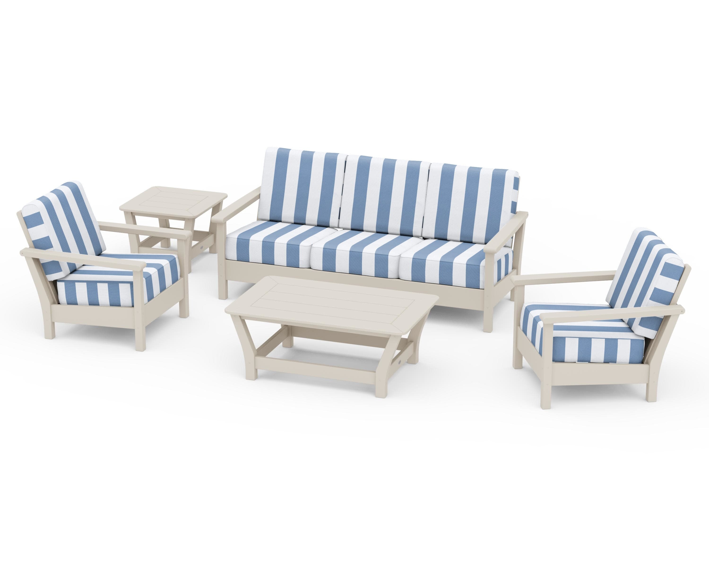 Harbour 5-Piece Deep Seating Set in Sand / Cabana Stripe Sky Blue