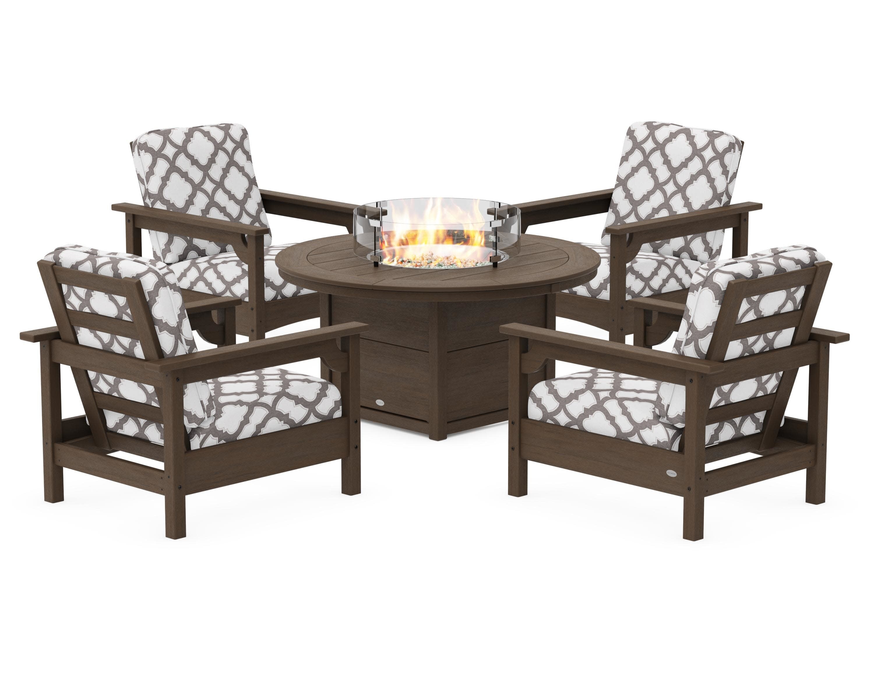 Club 5-Piece Conversation Set with Fire Pit Table in Kona / Trellis Grey Mist