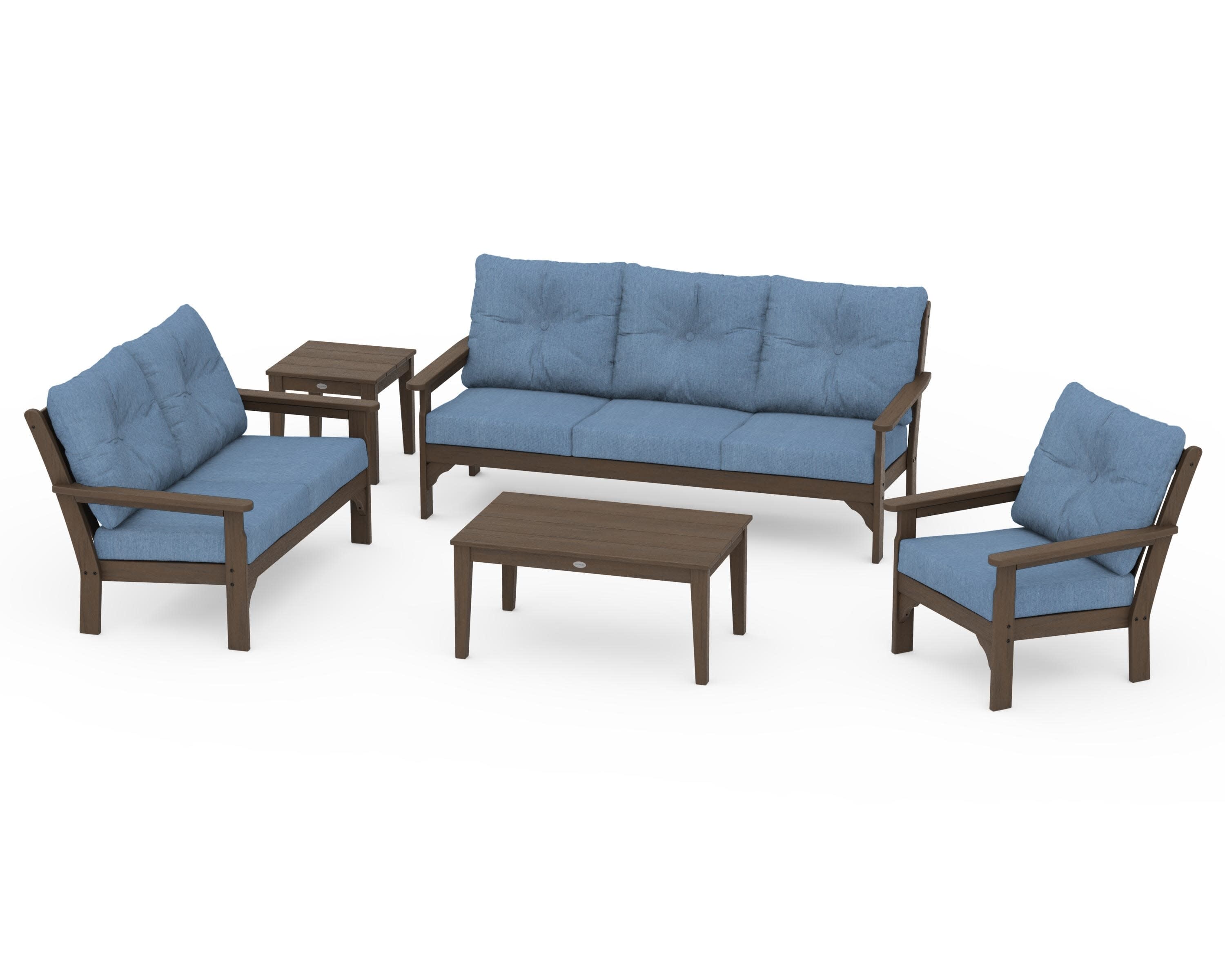 Vineyard 5 Piece Deep Seating Set in Kona / Sky Blue
