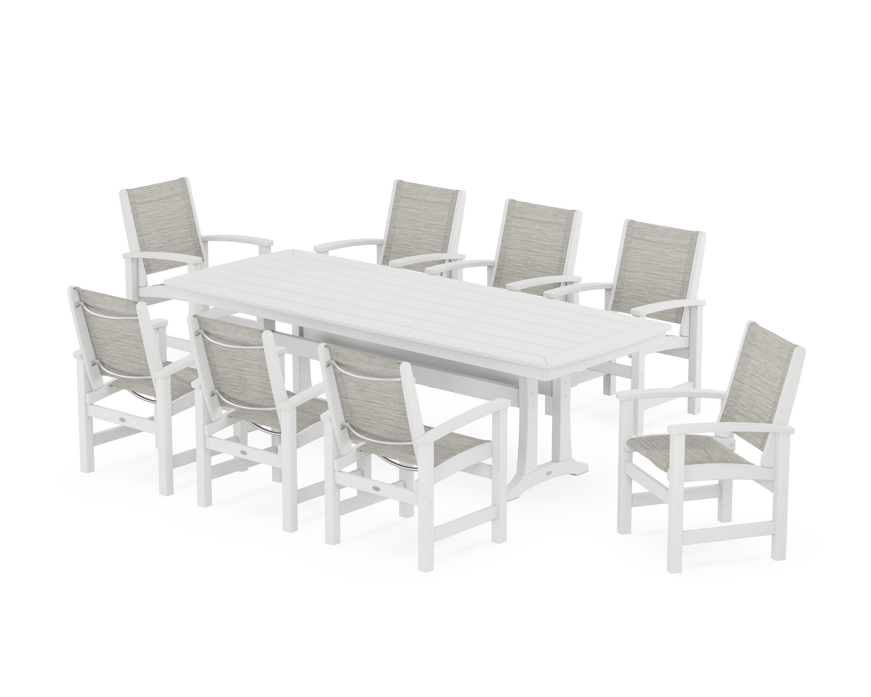 Coastal 9-Piece Dining Set with Trestle Legs in White / Birch Sling