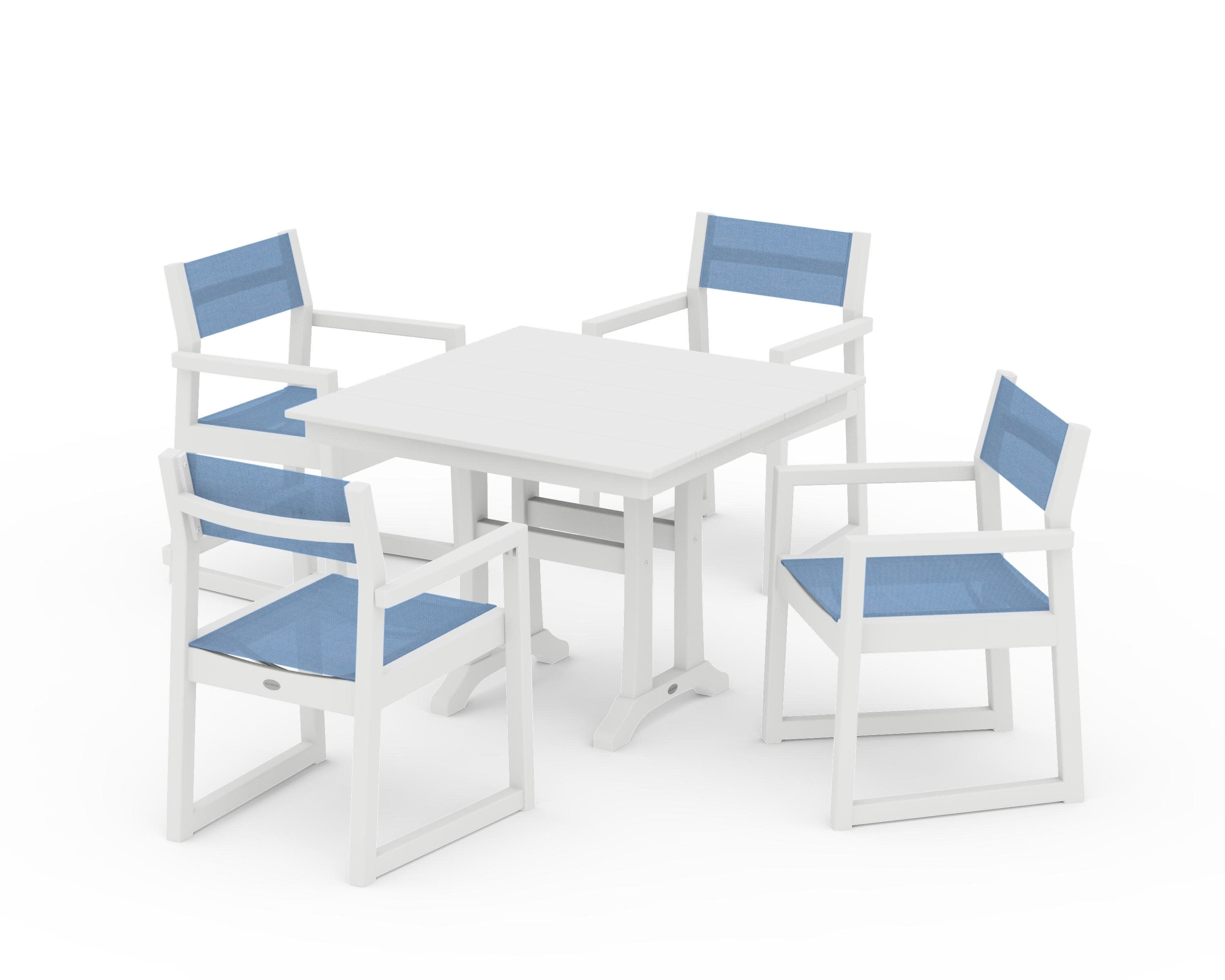 EDGE Sling 5-Piece Farmhouse Dining Set with Trestle Legs in White / Poolside Sling