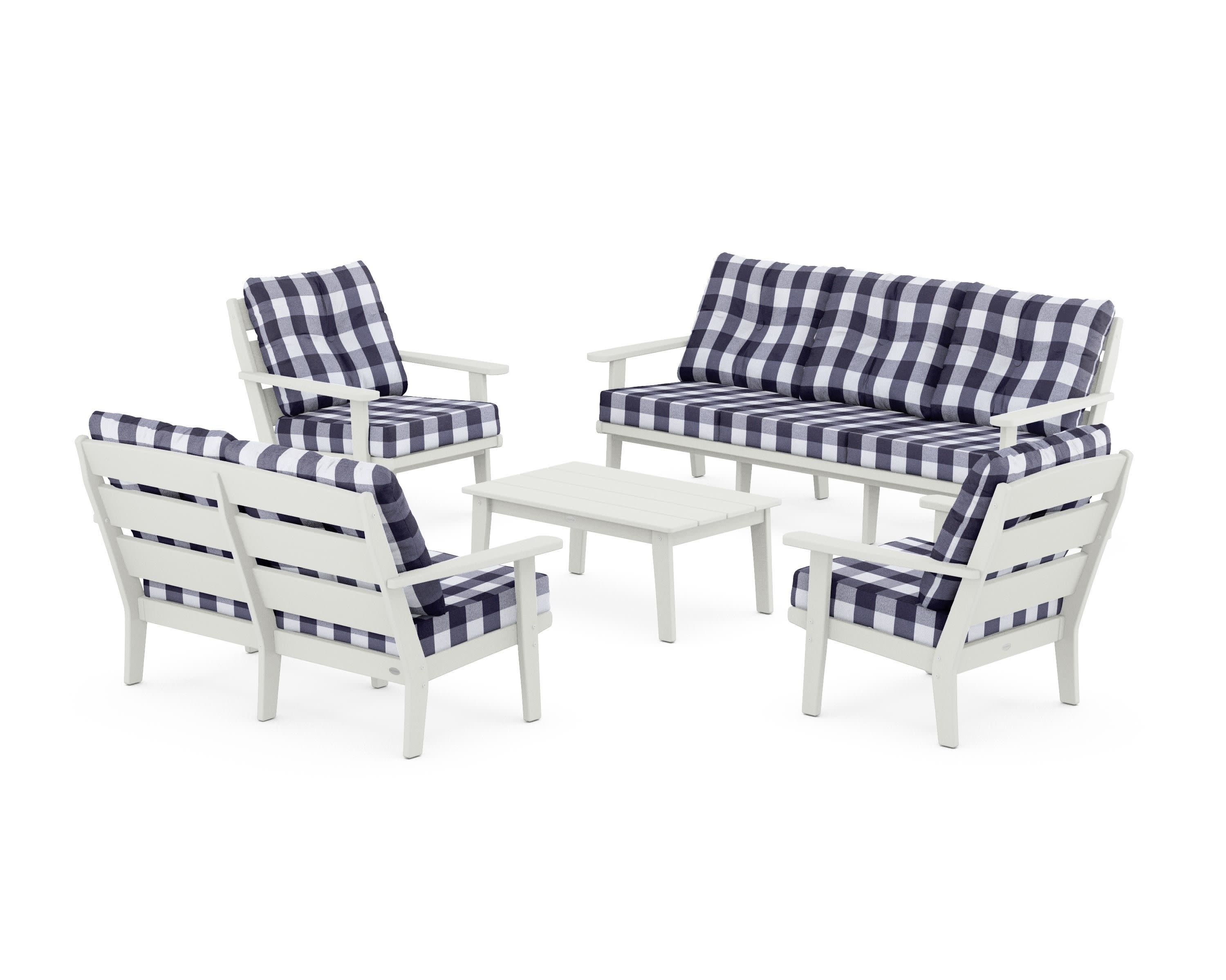 Lakeside 5-Piece Lounge Sofa Set in Vintage White / Buffalo Plaid Navy