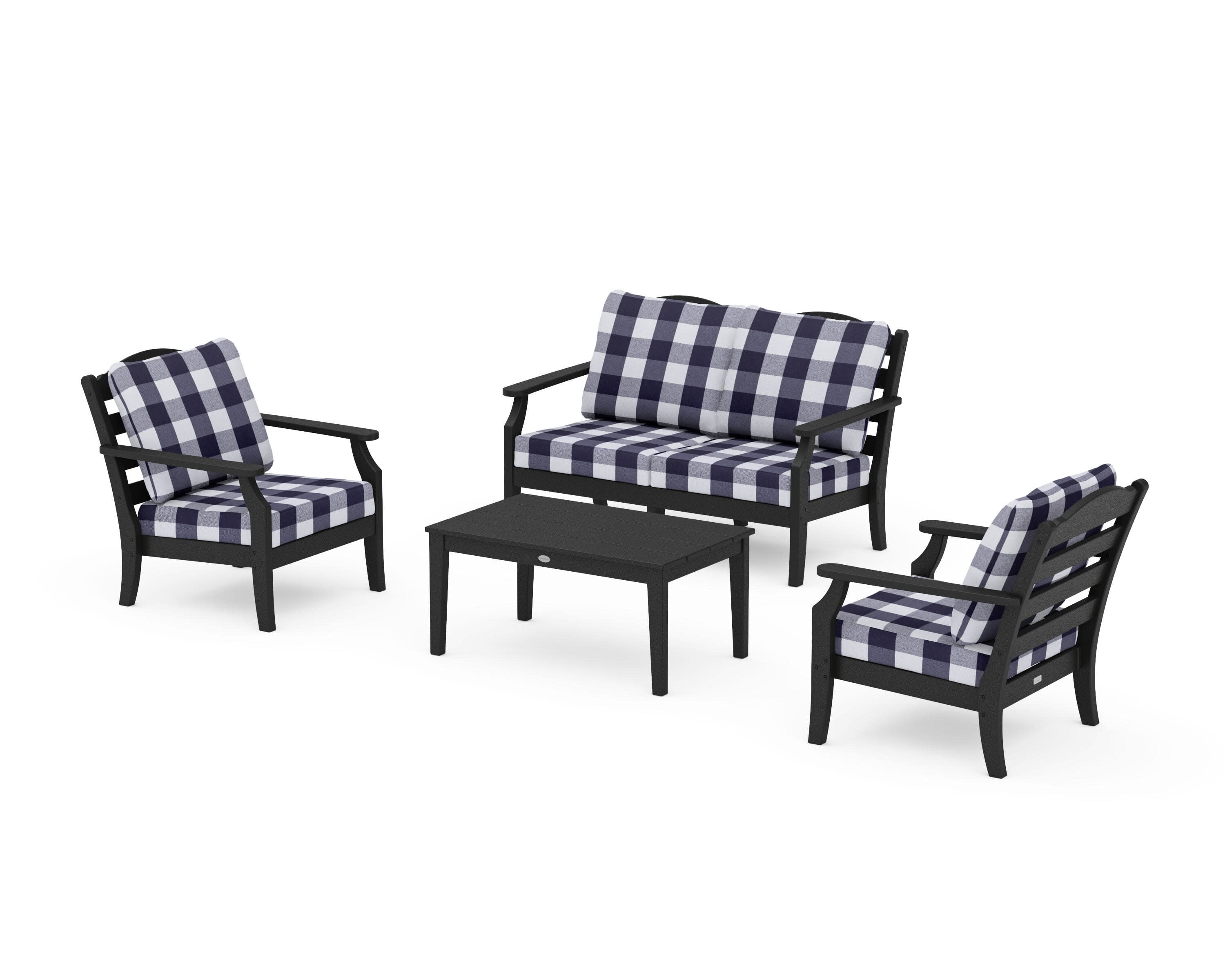 Savannah 4-Piece Deep Seating Set with Loveseat in Black / Buffalo Plaid Navy