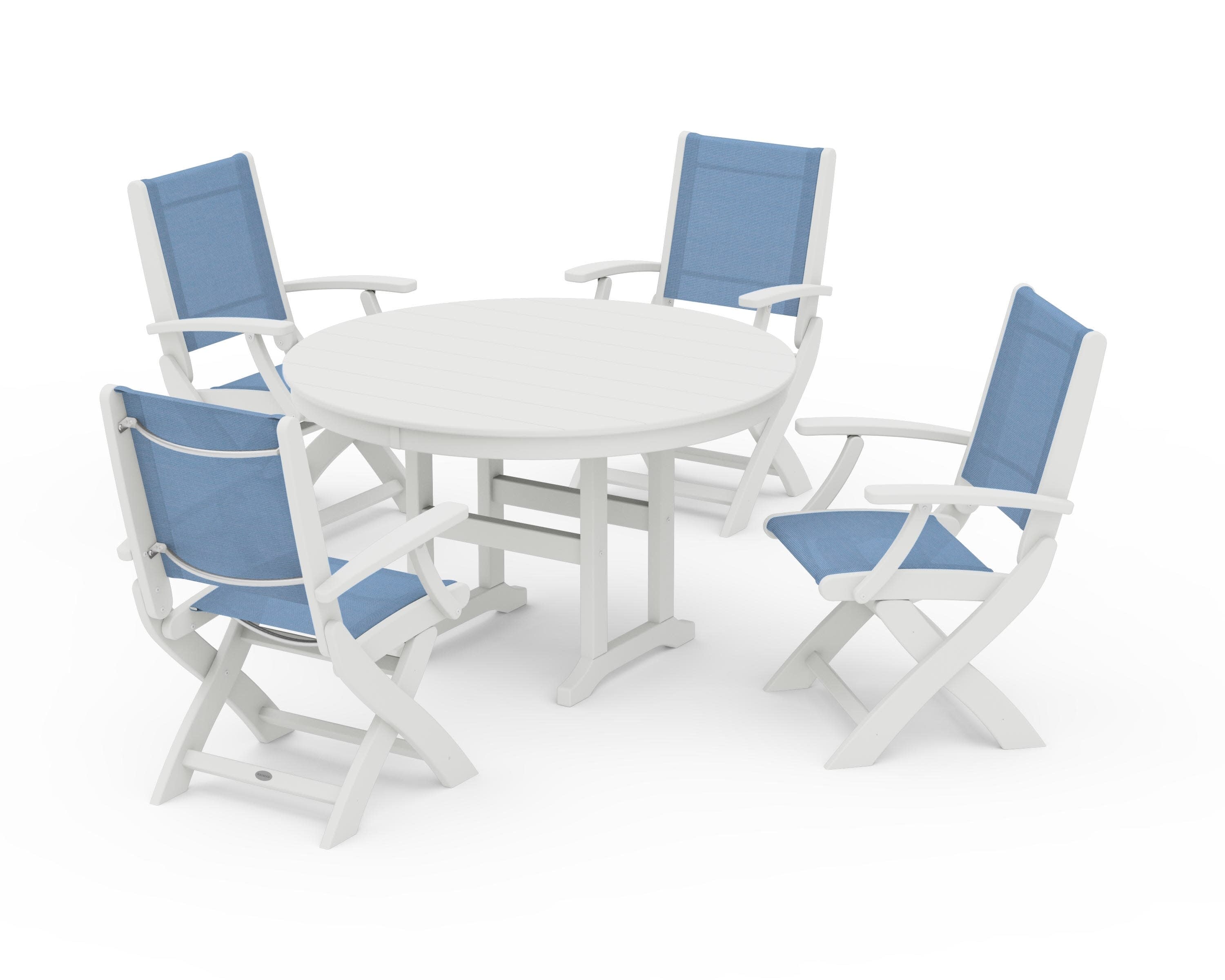 Coastal Folding Chair 5-Piece Round Dining Set in Vintage White / Poolside Sling