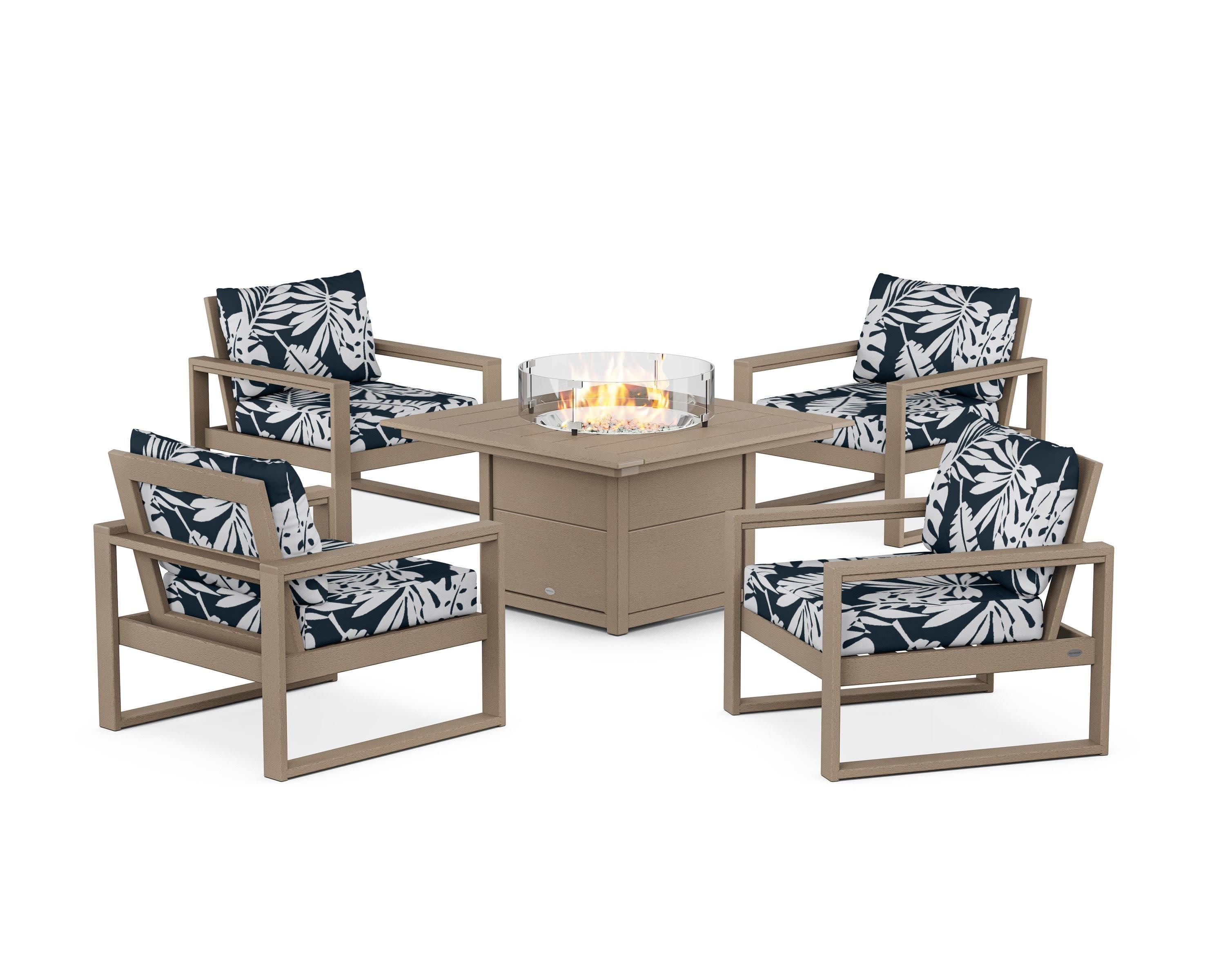 EDGE Sectional 5-Piece Deep Seating Set with Fire Pit Table in Vintage Sahara / Leaf Marine Indigo