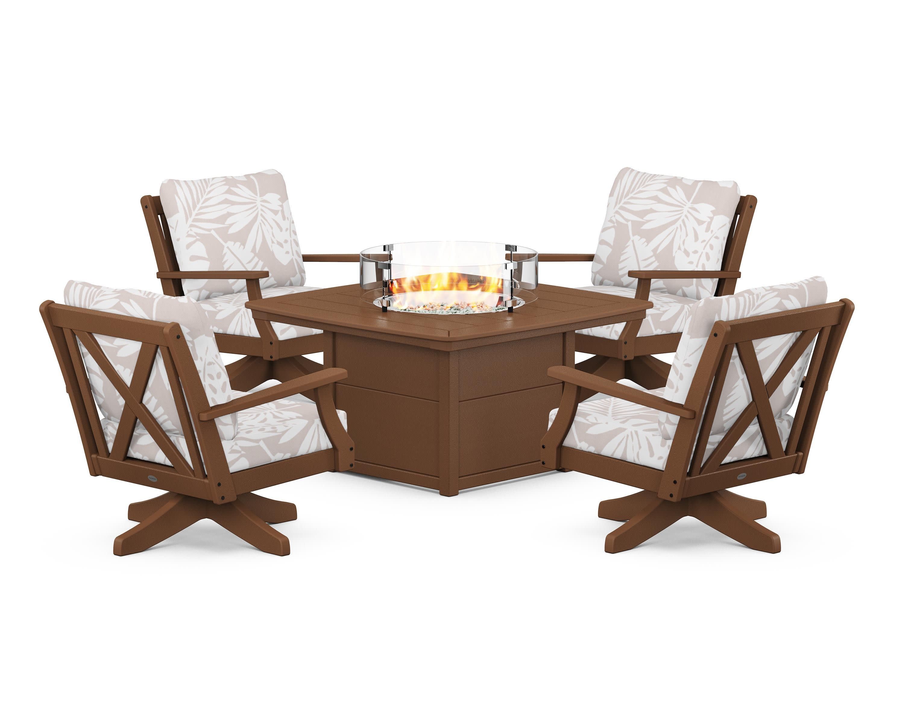 Braxton 5-Piece Deep Seating Swivel Conversation Set with Fire Pit Table in Teak / Leaf Dune Burlap