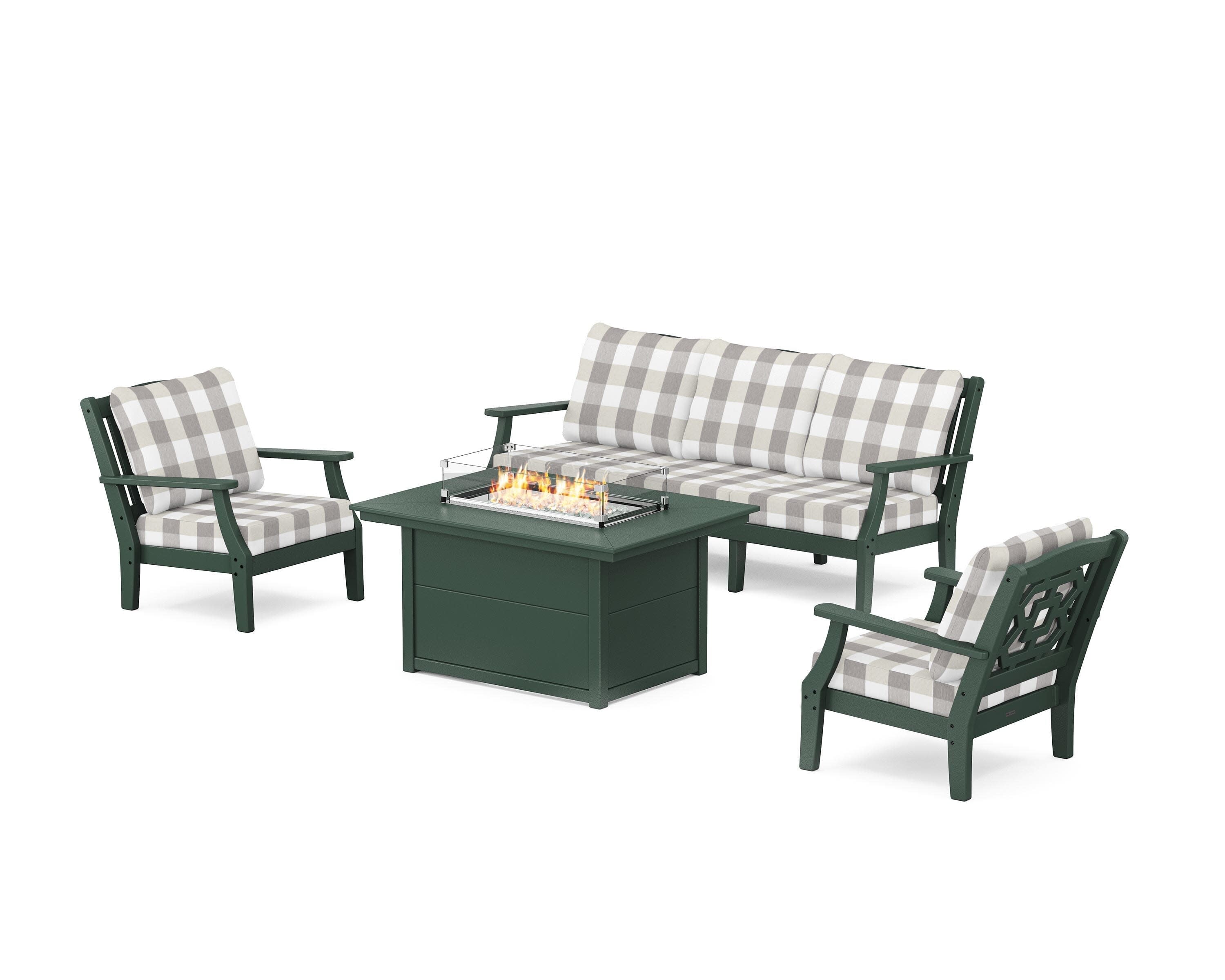 Chinoiserie Deep Seating Fire Pit Table Set in Green / Buffalo Plaid Grey Mist
