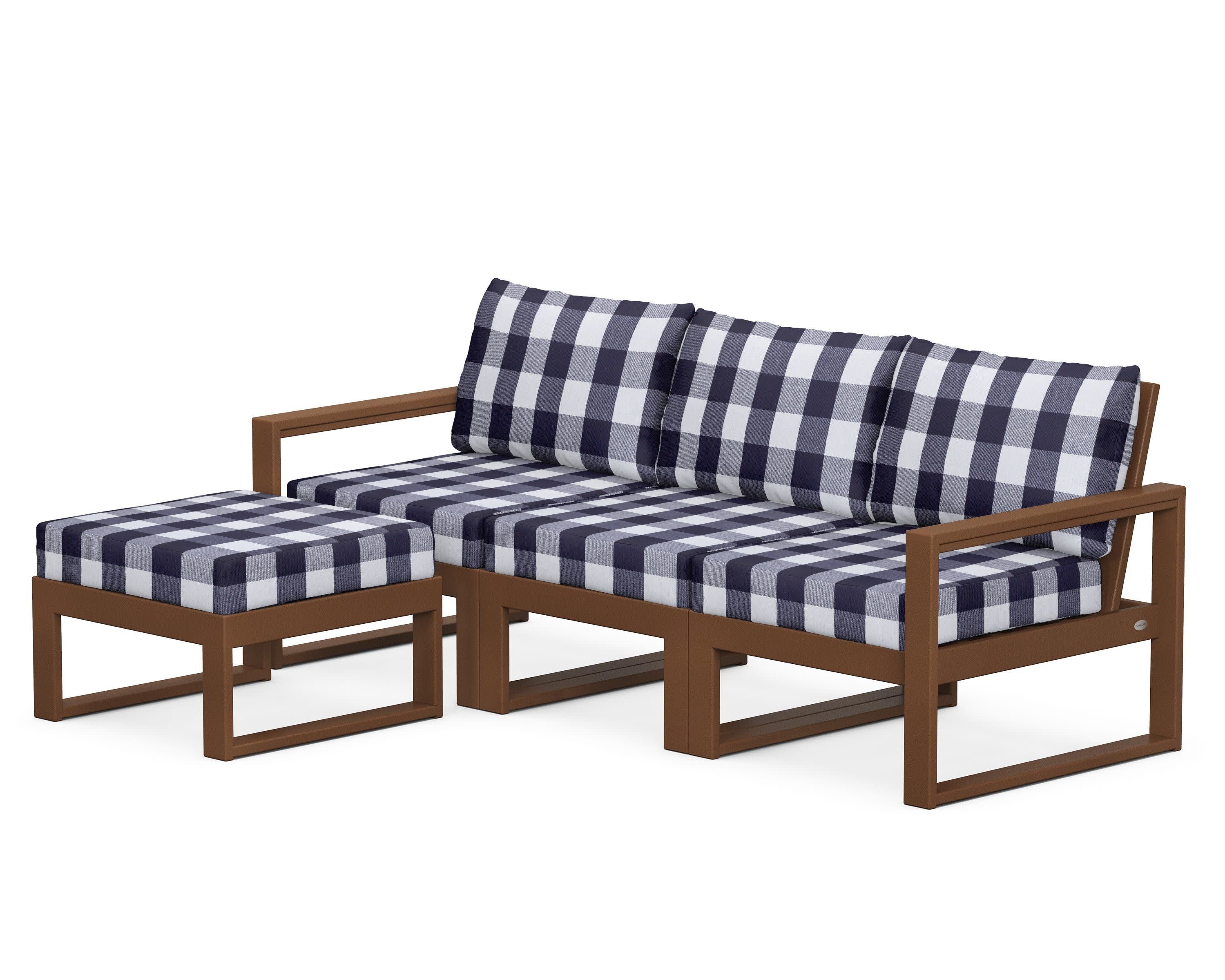 EDGE 4-Piece Modular Deep Seating Set with Ottoman in Teak / Buffalo Plaid Navy