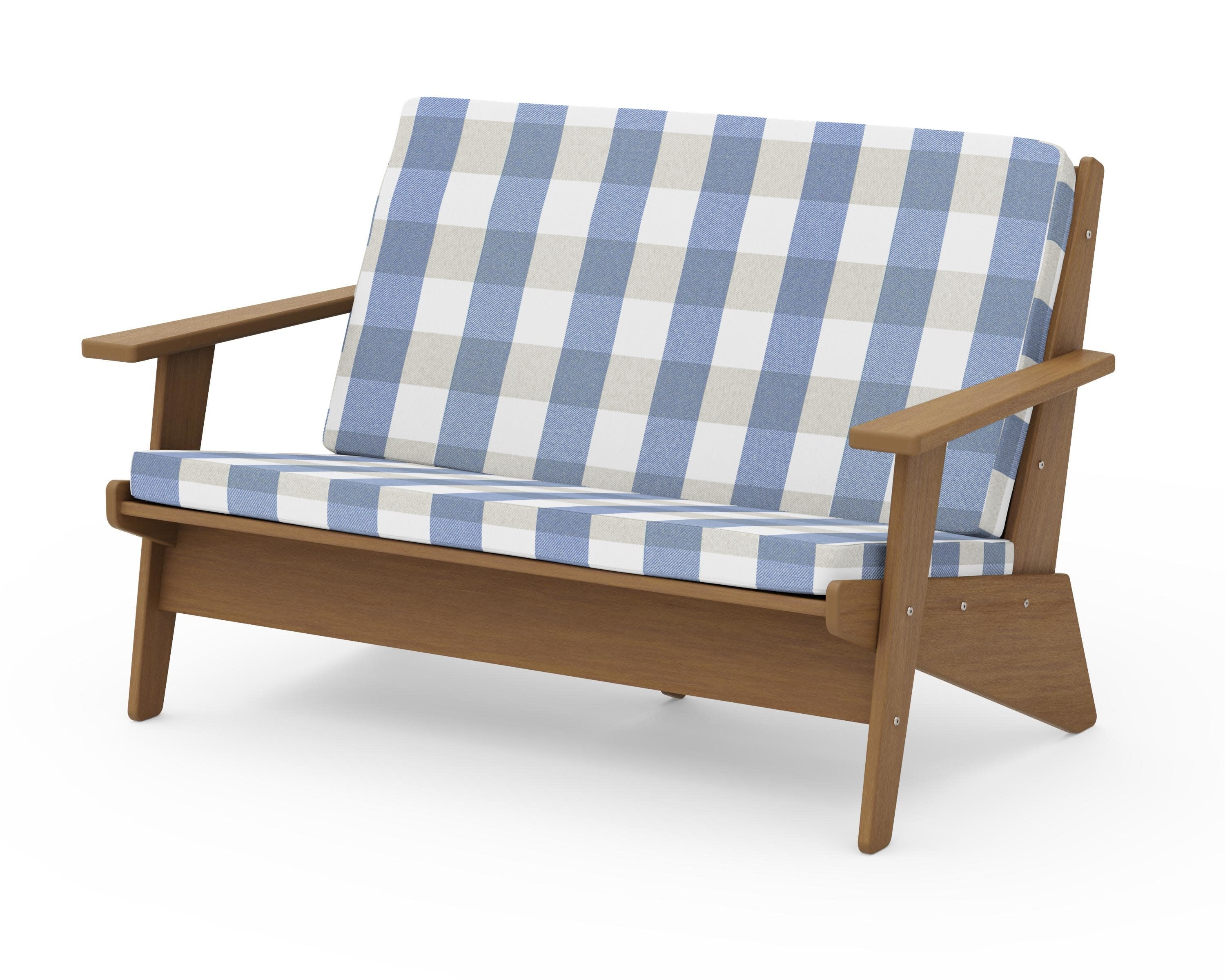 Riviera Modern Lounge Loveseat in Natural / Buffalo Plaid Sky Blue