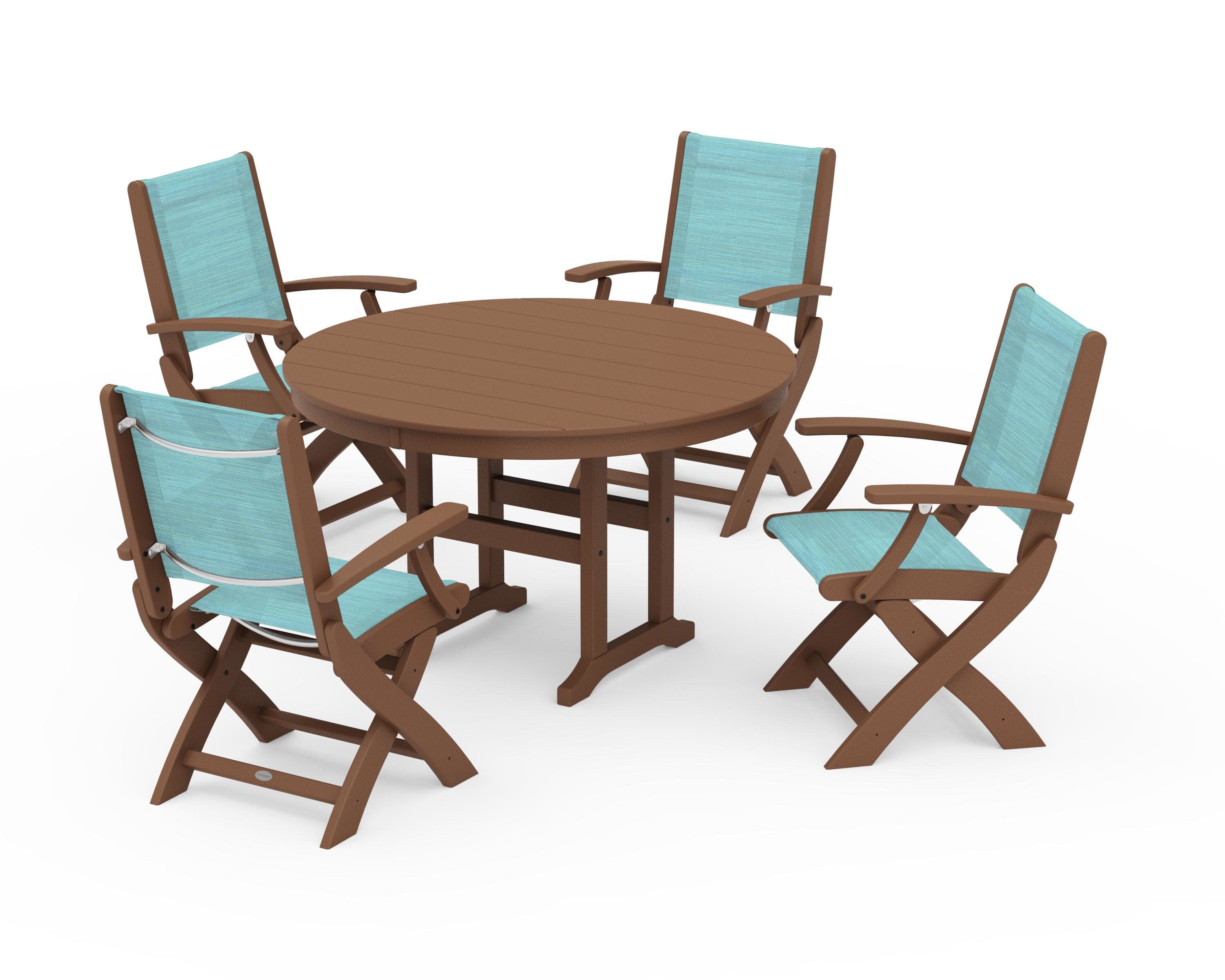 Coastal Folding Chair 5-Piece Round Dining Set in Teak / Dupioni Aquamarine Sling