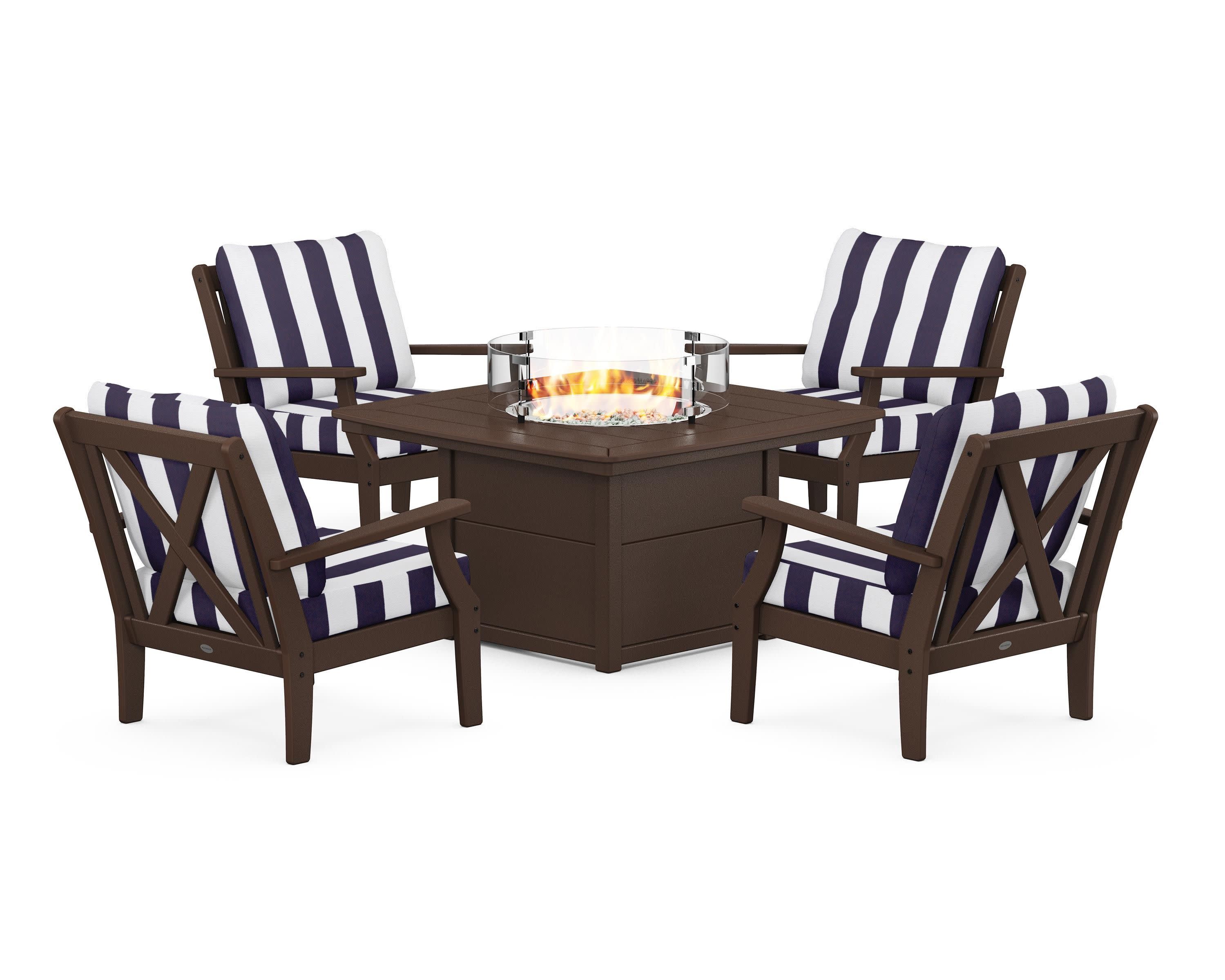 Braxton 5-Piece Deep Seating Conversation Set with Fire Pit Table in Mahogany / Cabana Stripe Navy