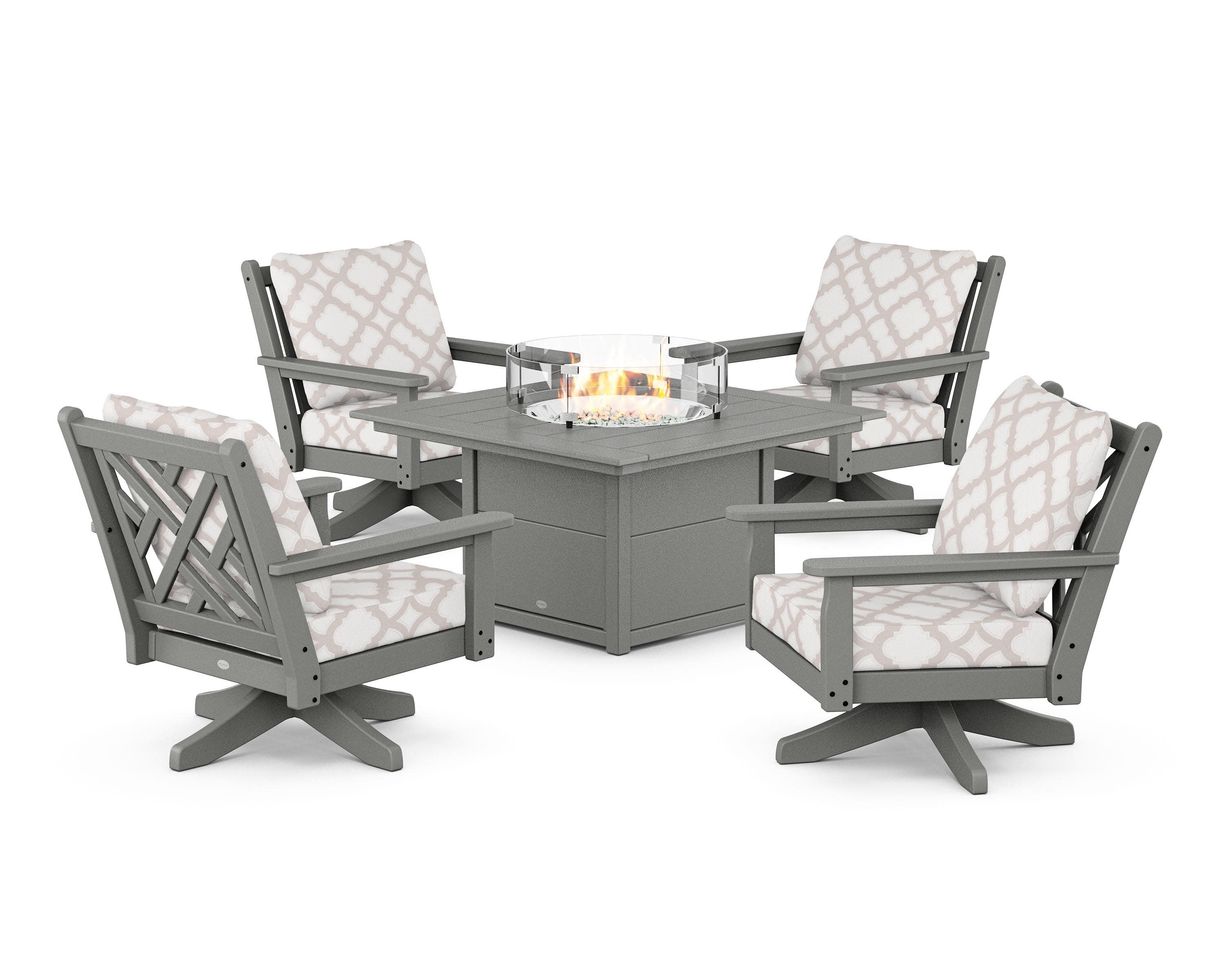 Chippendale 5-Piece Deep Seating Swivel Conversation Set with Fire Pit Table in Slate Grey / Trellis Dune Burlap