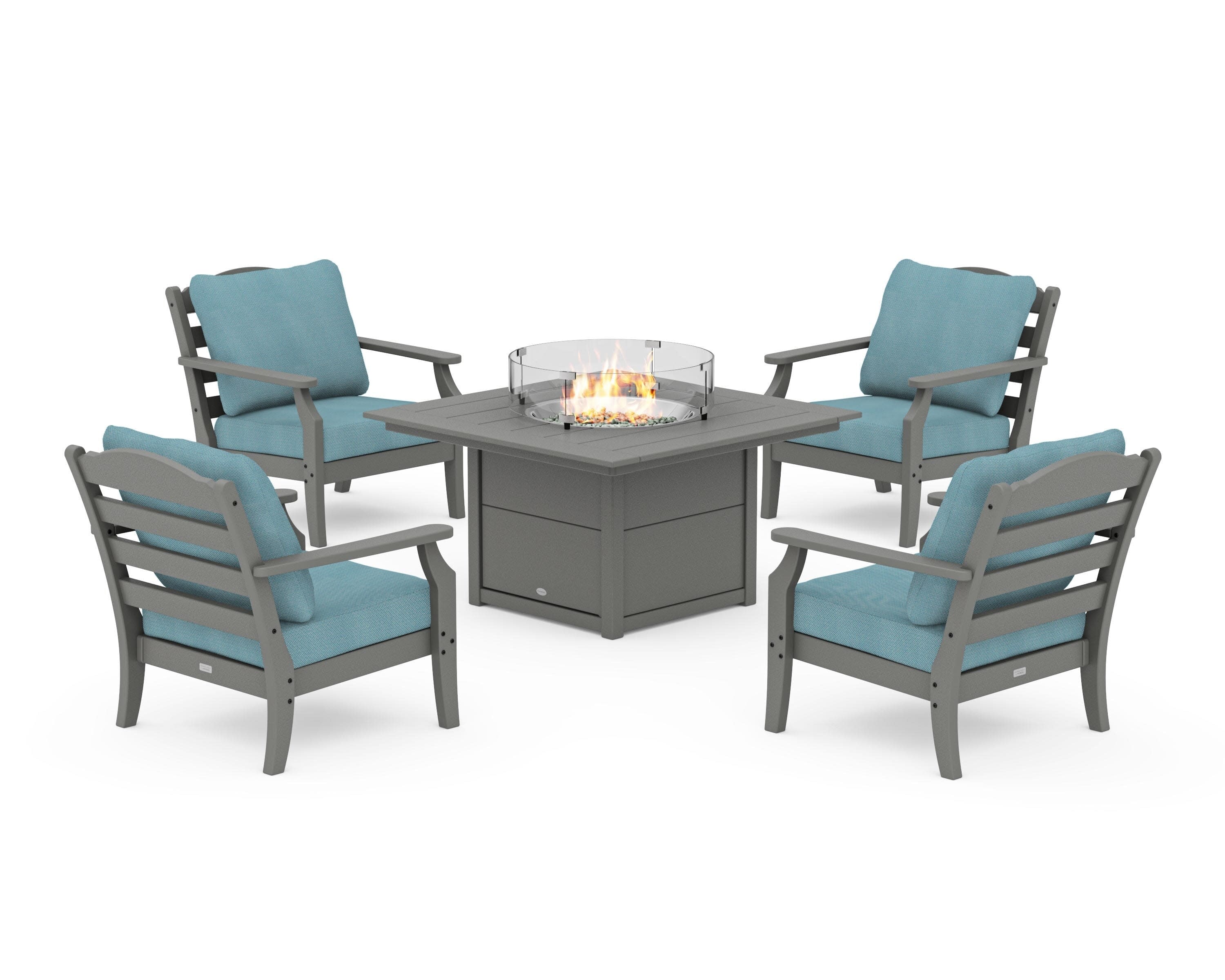 Savannah 5-Piece Deep Seating Set with Fire Pit Table in Slate Grey / Lattice Sky Blue