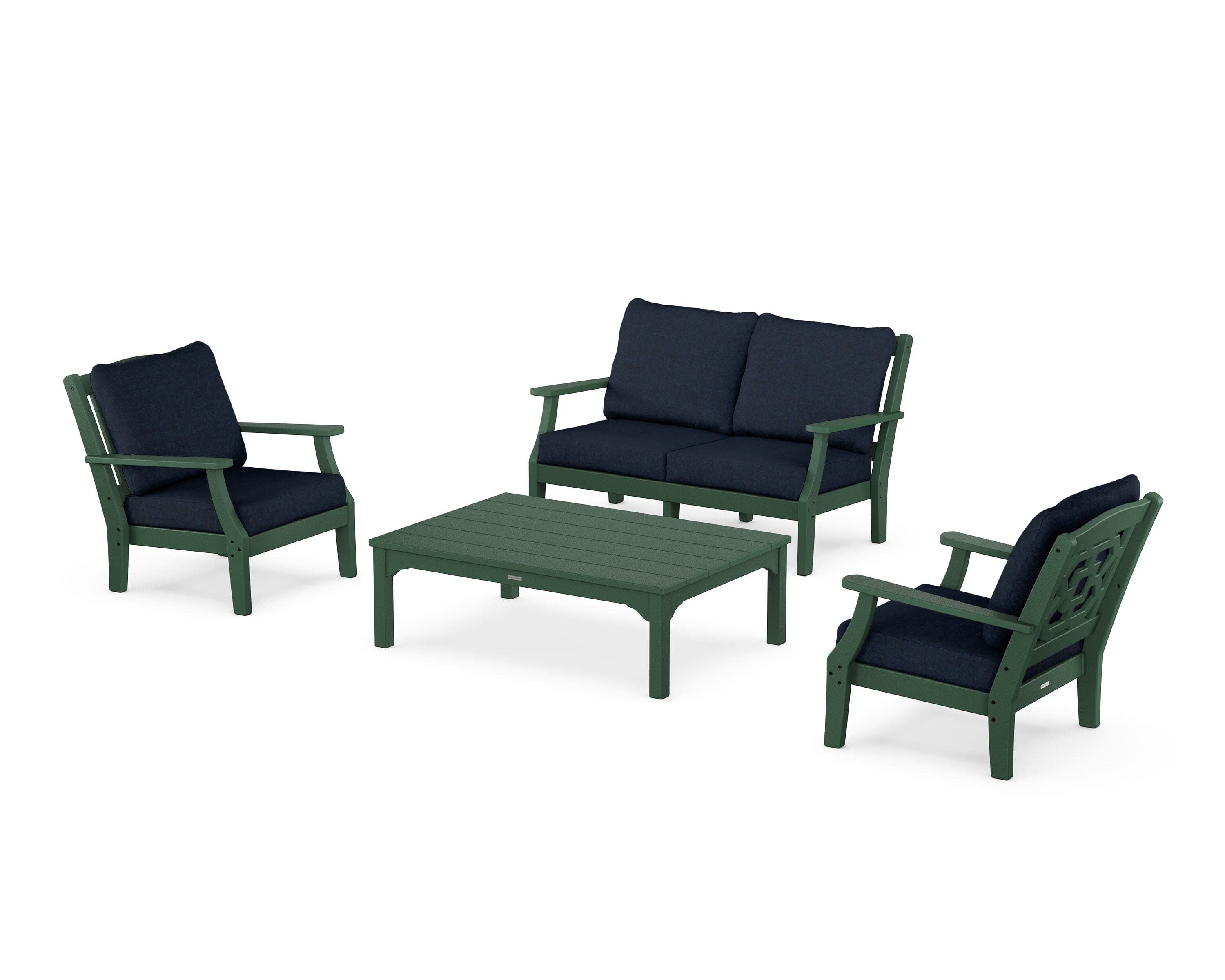 Chinoiserie 4-Piece Deep Seating Set with Loveseat in Green / Marine Indigo