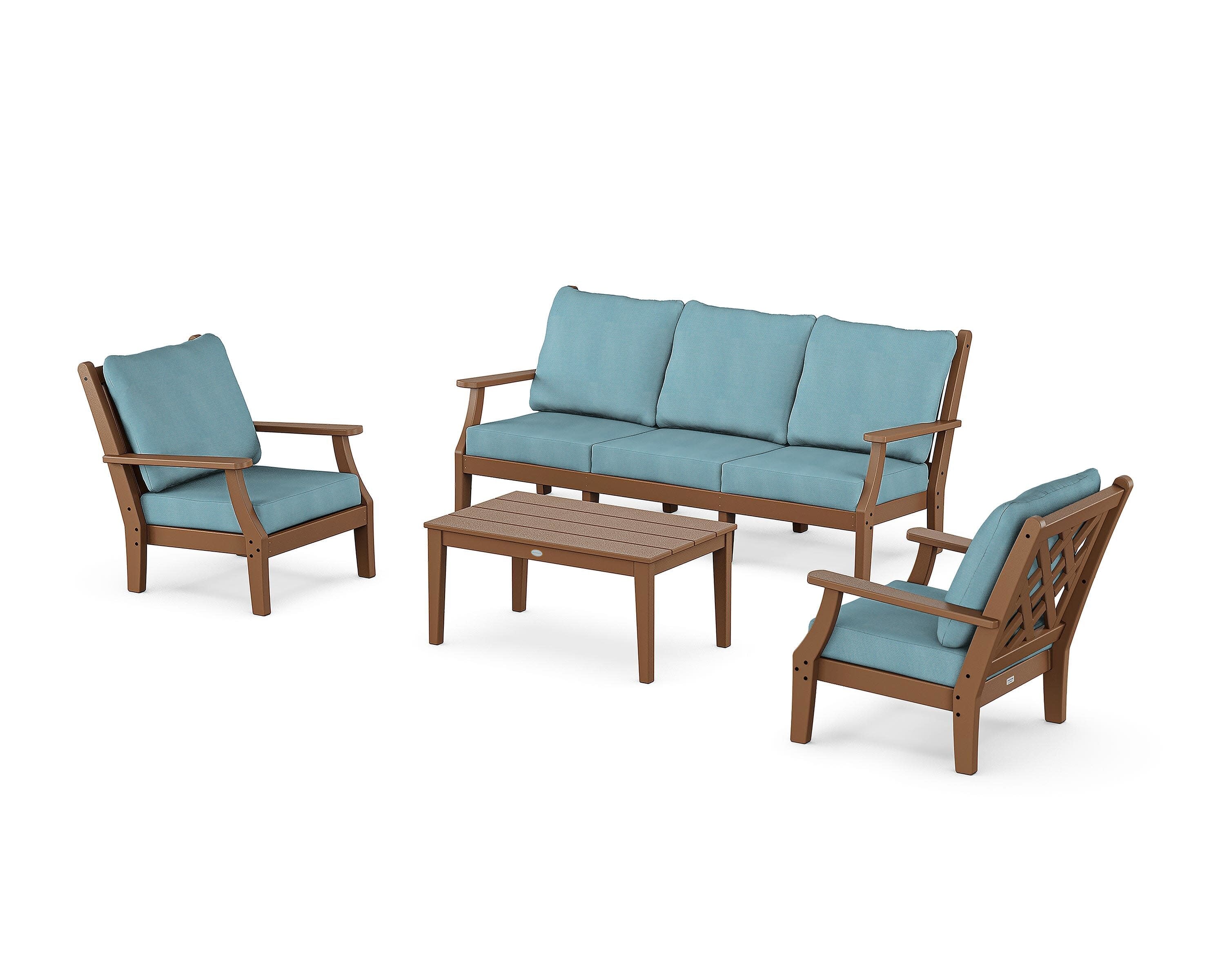 Wovendale 4-Piece Deep Seating Set with Sofa in Teak / Lattice Sky Blue