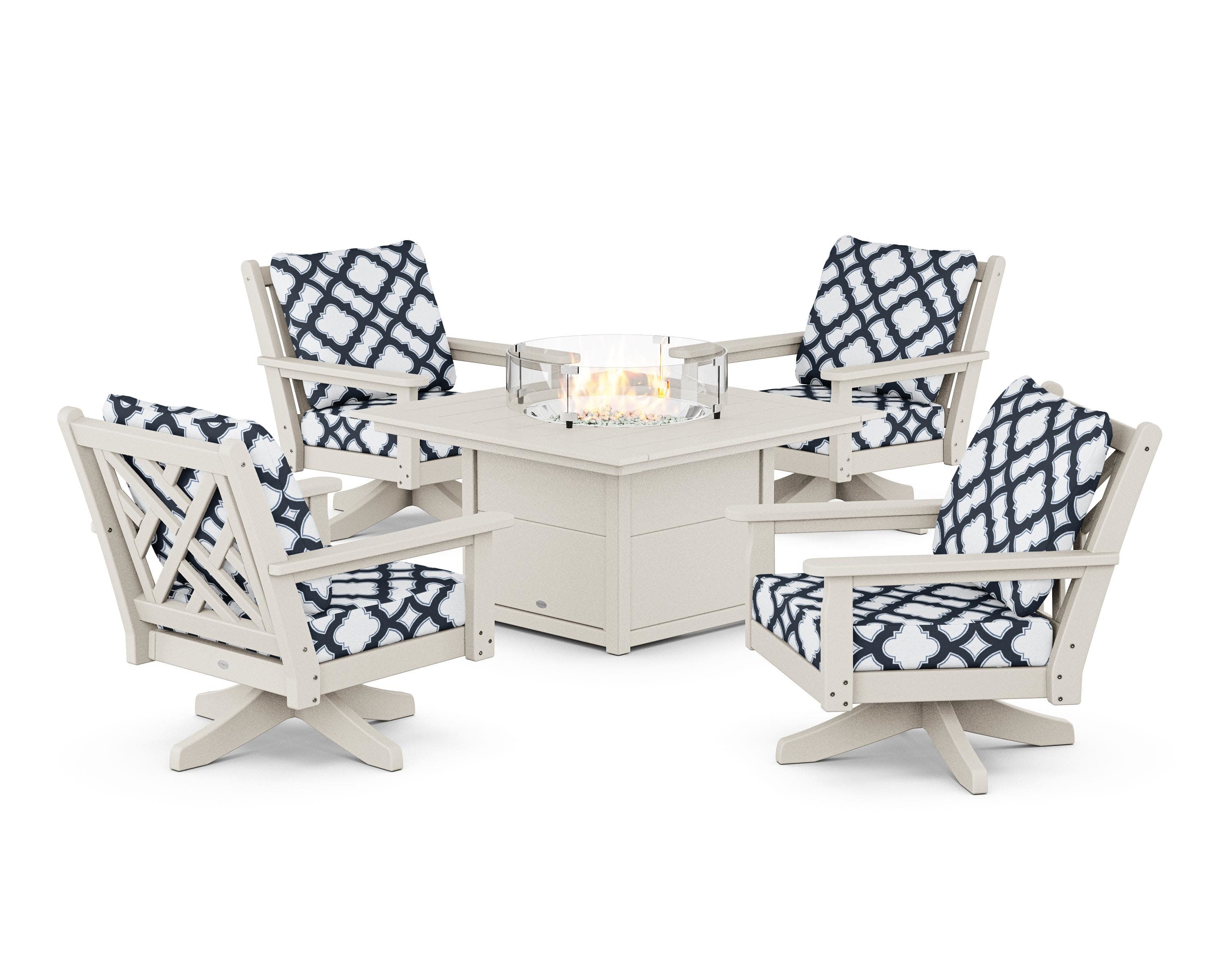 Chippendale 5-Piece Deep Seating Swivel Conversation Set with Fire Pit Table in Sand / Trellis Marine Indigo