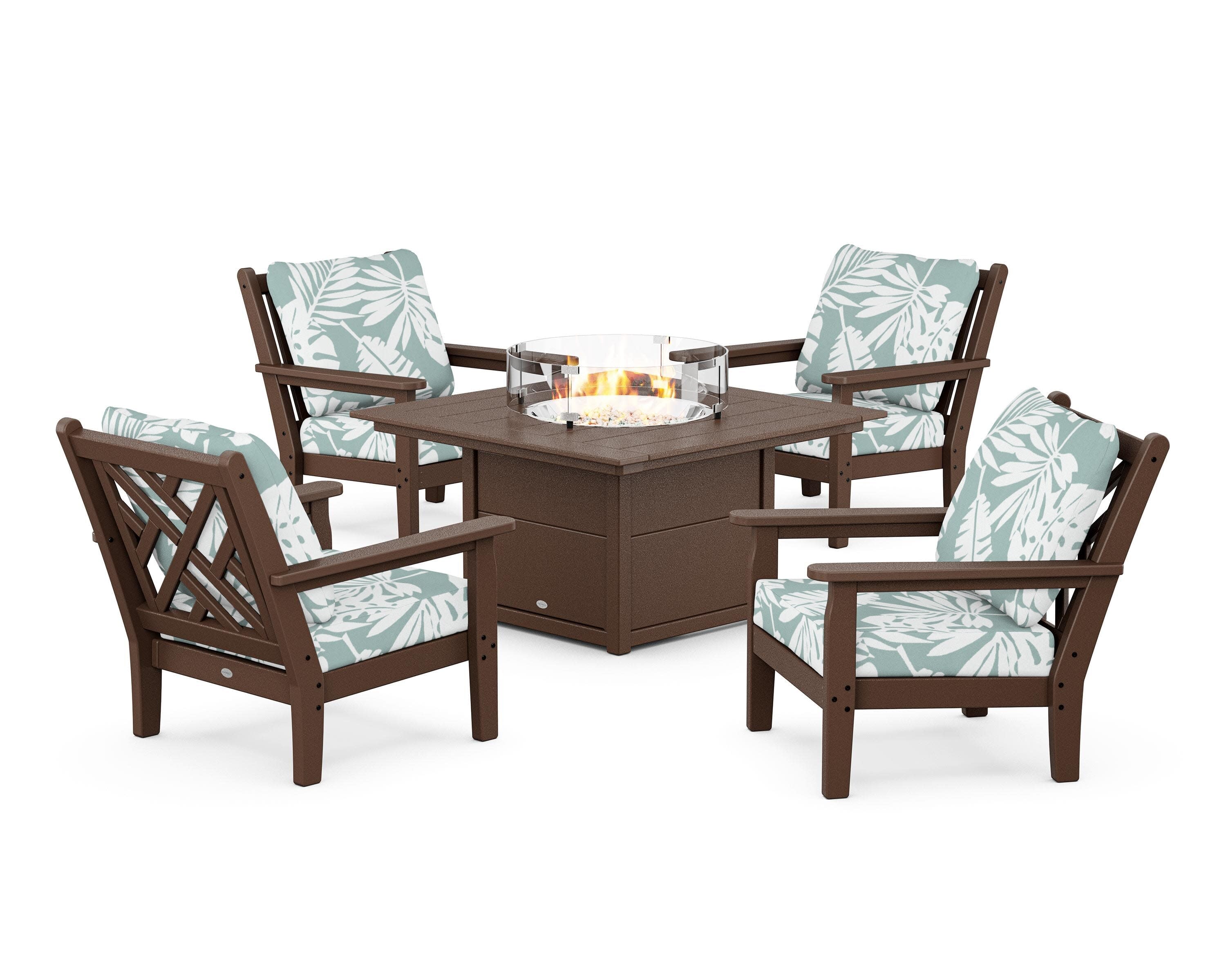 Chippendale 5-Piece Deep Seating Set with Fire Pit Table in Mahogany / Leaf Glacier Spa