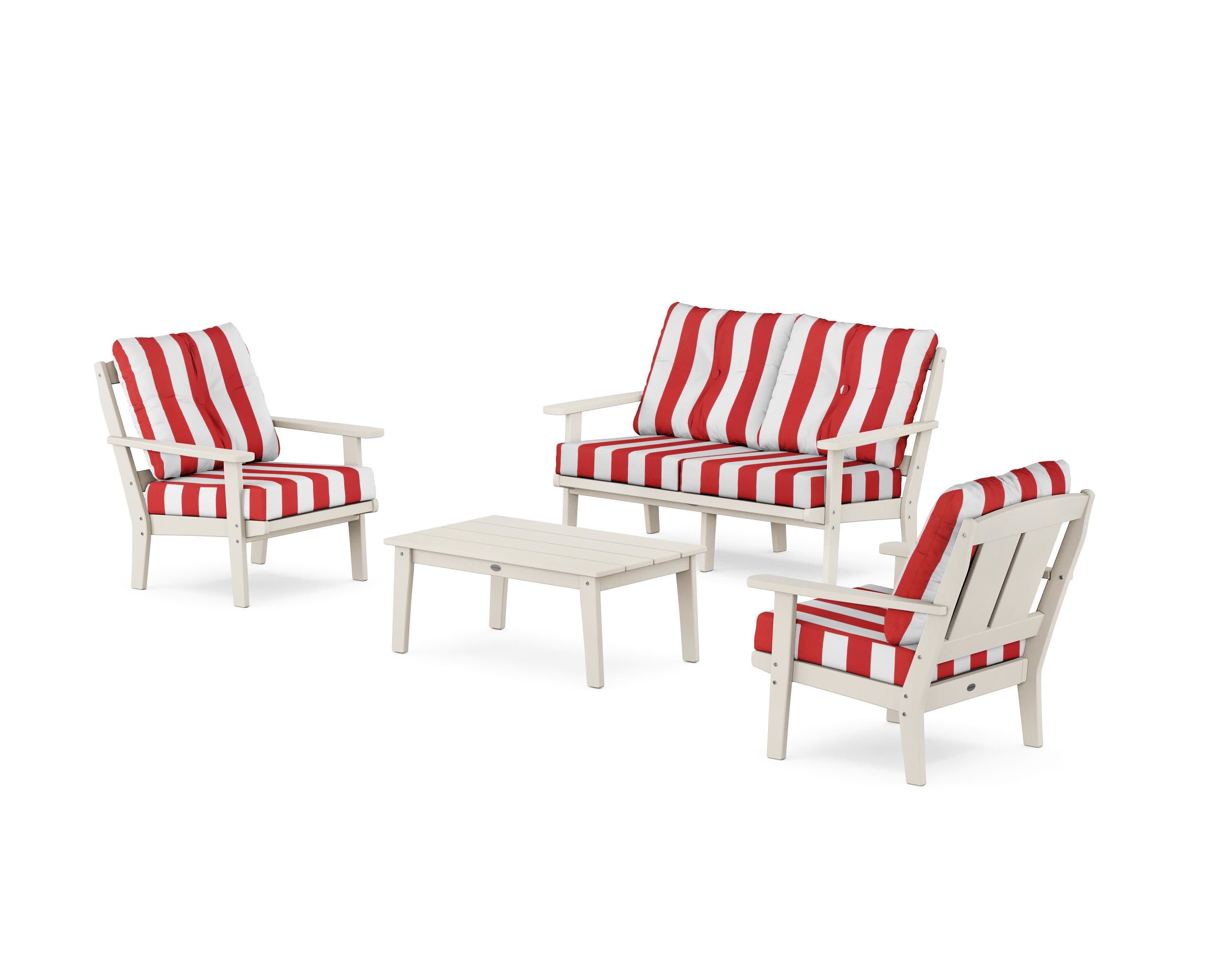 Mission 4-Piece Deep Seating Set with Loveseat in Sand / Cabana Stripe Crimson