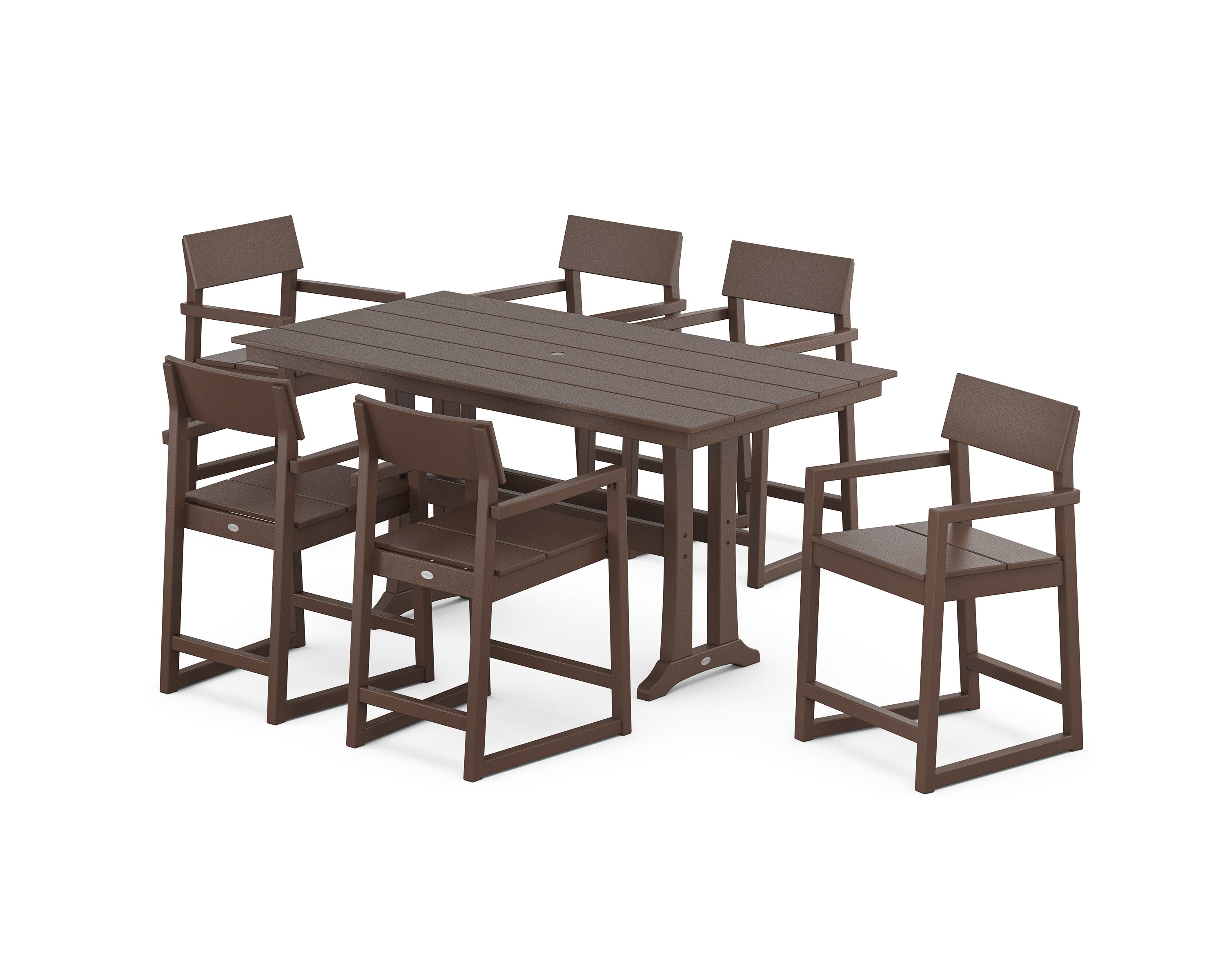 EDGE Arm Chair 7-Piece Farmhouse Counter Set with Trestle Legs in Mahogany