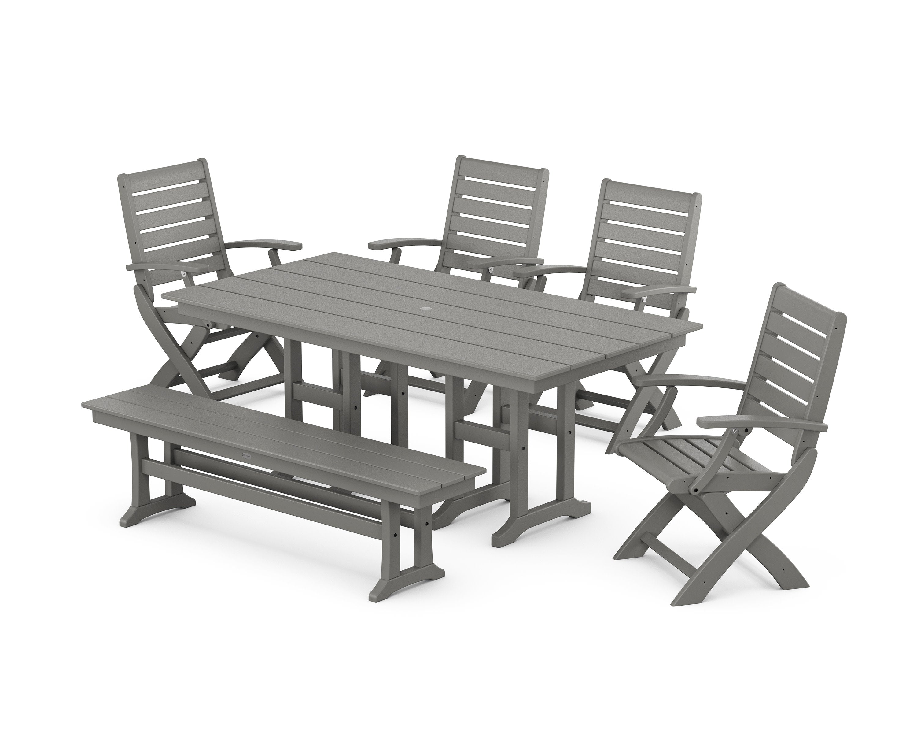 Signature Folding Chair 6-Piece Farmhouse Dining Set with Bench in Slate Grey