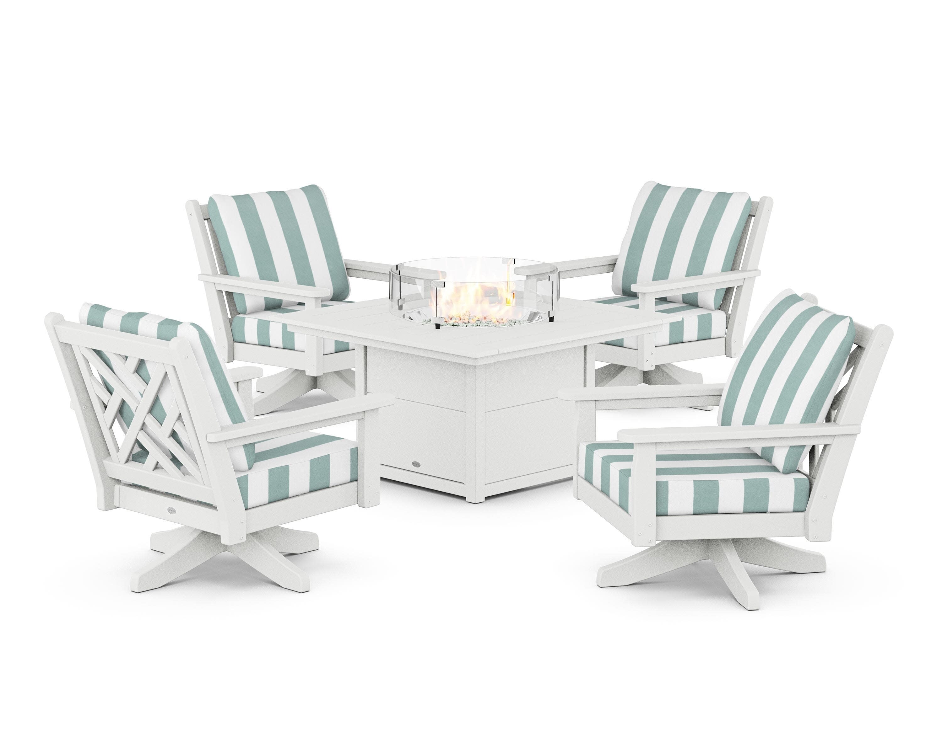Chippendale 5-Piece Deep Seating Swivel Conversation Set with Fire Pit Table in White / Cabana Stripe Glacier Spa