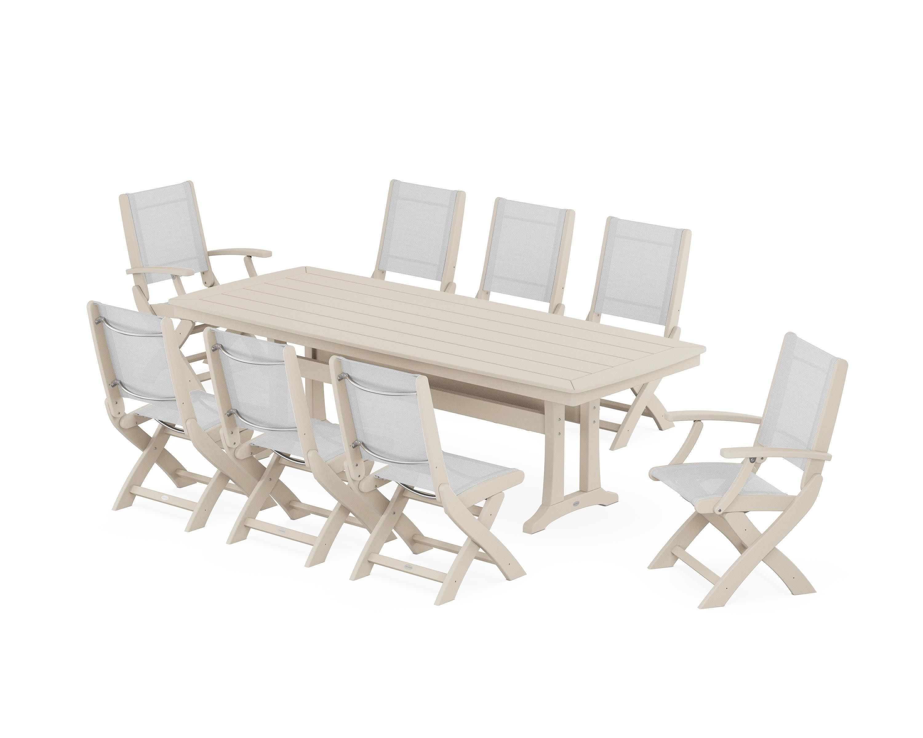 Coastal Folding 9-Piece Dining Set with Trestle Legs in Sand / White Sling