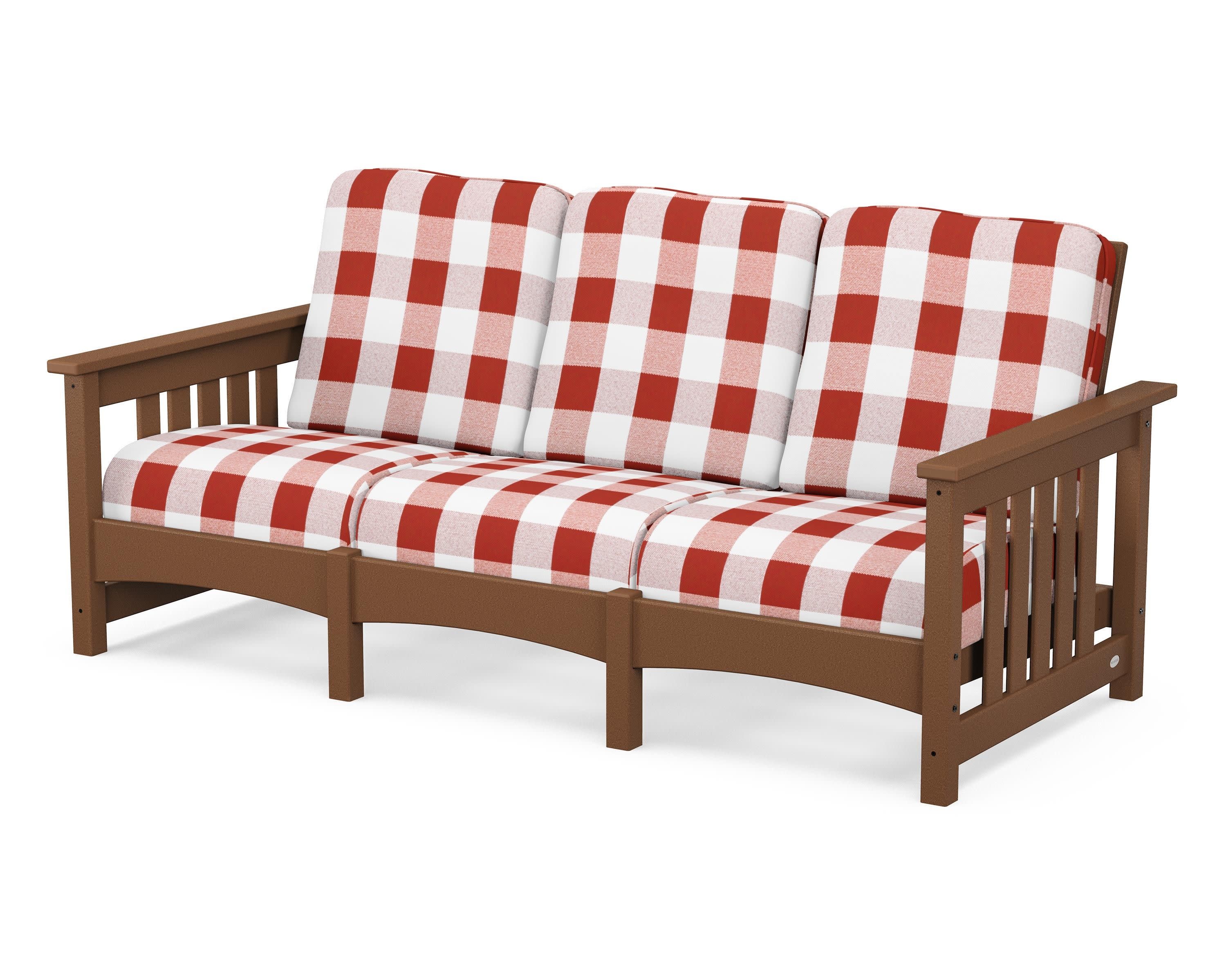 Club Mission Sofa in Teak / Buffalo Plaid Crimson
