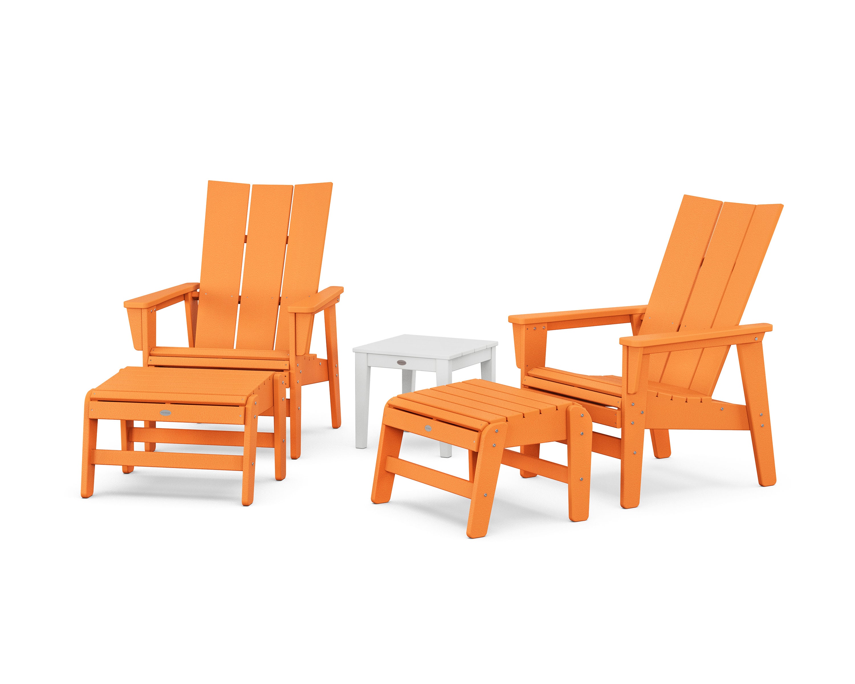 5-Piece Modern Grand Upright Adirondack Set with Ottomans and Side Table in Tangerine / White