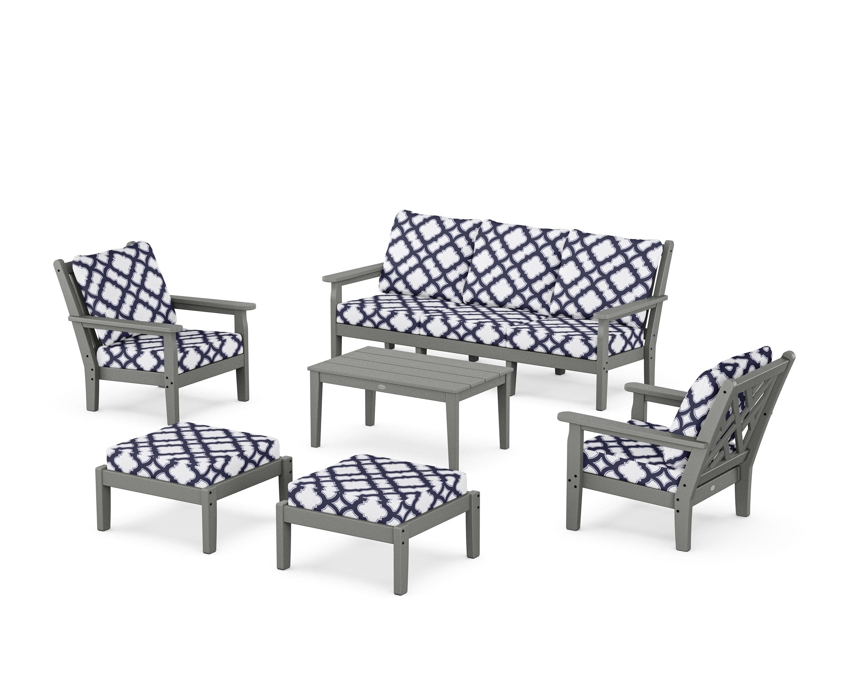 Chippendale 6-Piece Lounge Sofa Set in Slate Grey / Trellis Navy